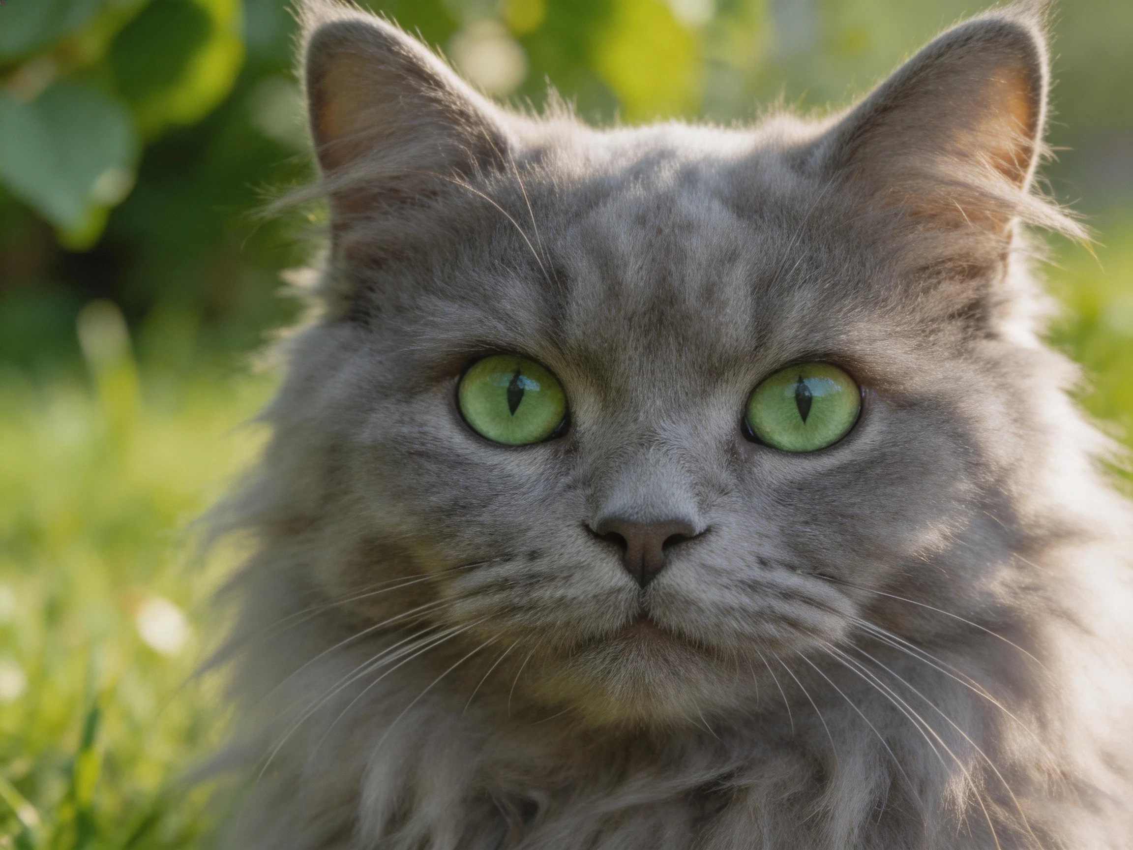 A fluffy gray cat with bright green eyes relaxes in a sunlit garden