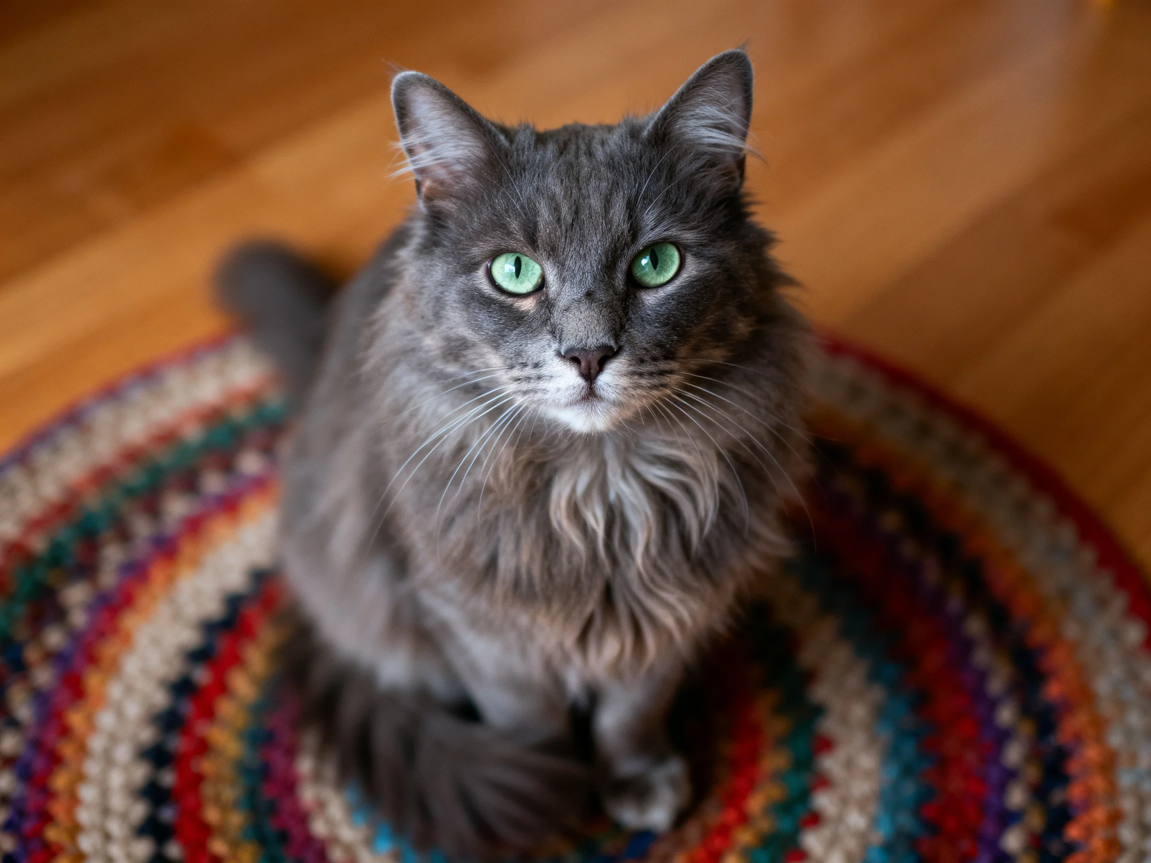 A fluffy gray cat with green eyes sits on a colorful rug.