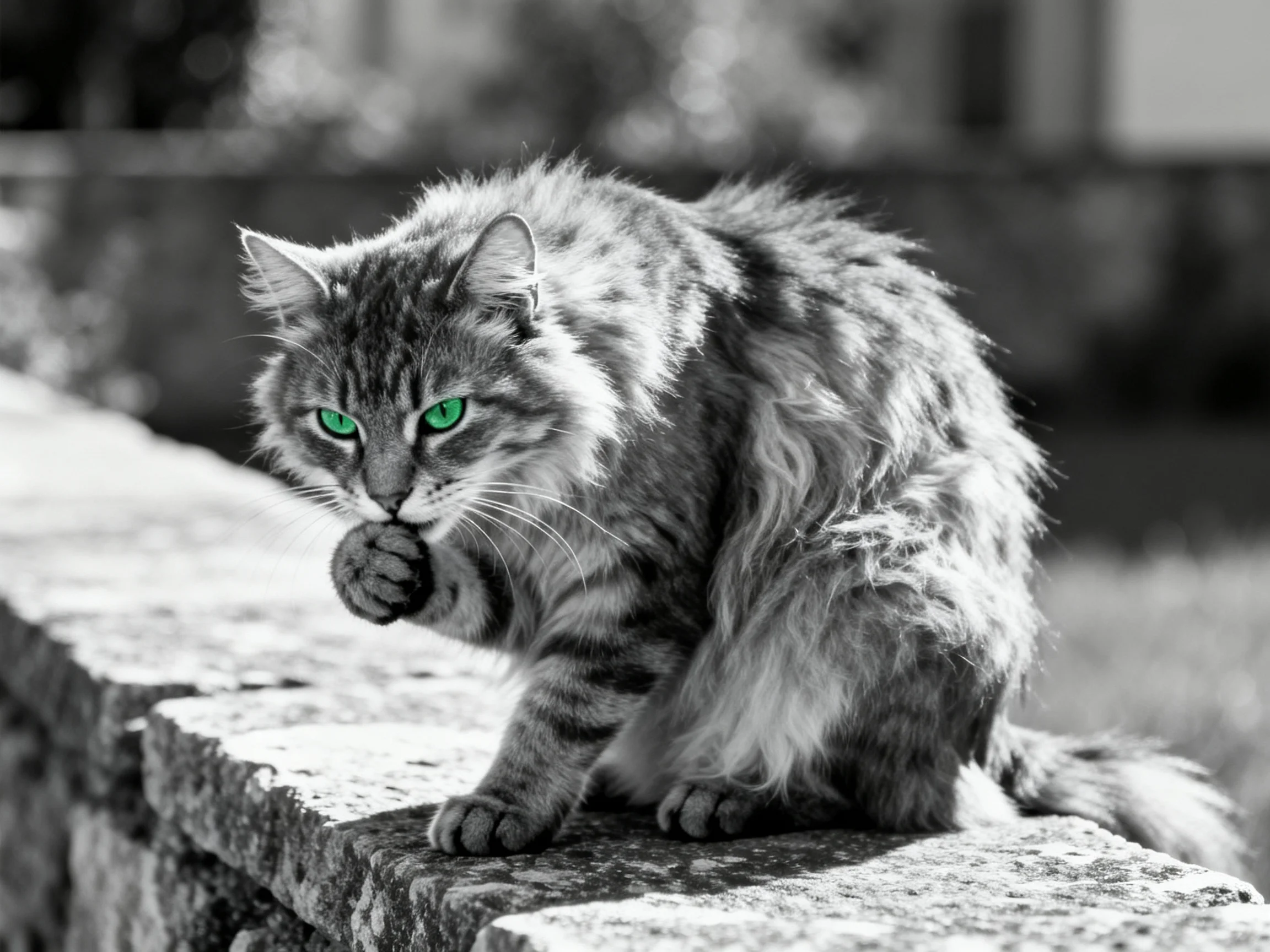 A fluffy gray cat with green eyes sits on a stone ledge outdoors.