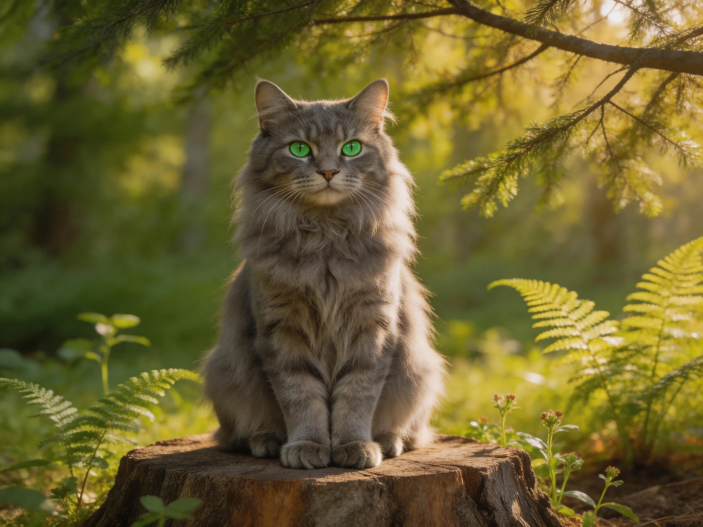 A gray cat with green eyes sits on a tree stump in a sunlit forest.