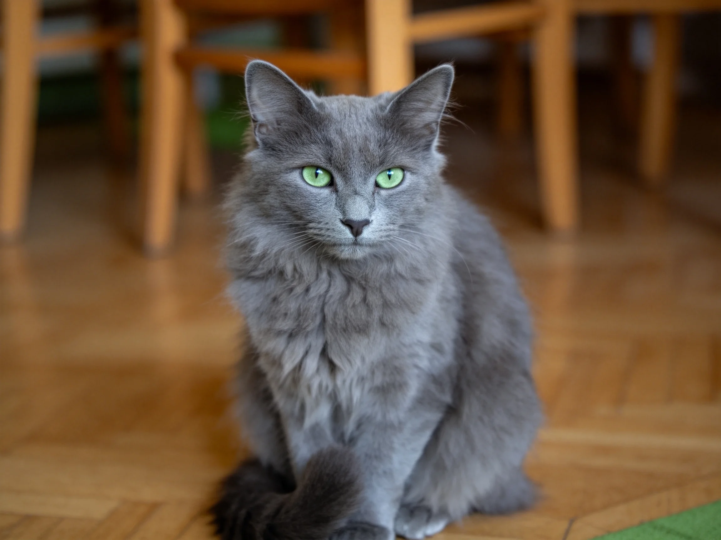 A fluffy gray cat with green eyes sits on a wooden floor near wooden chairs.