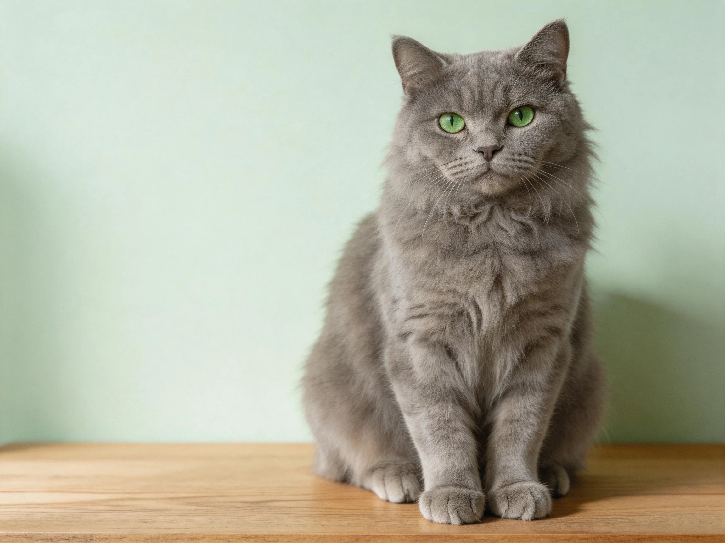 A gray cat with green eyes sits calmly on a wooden surface.