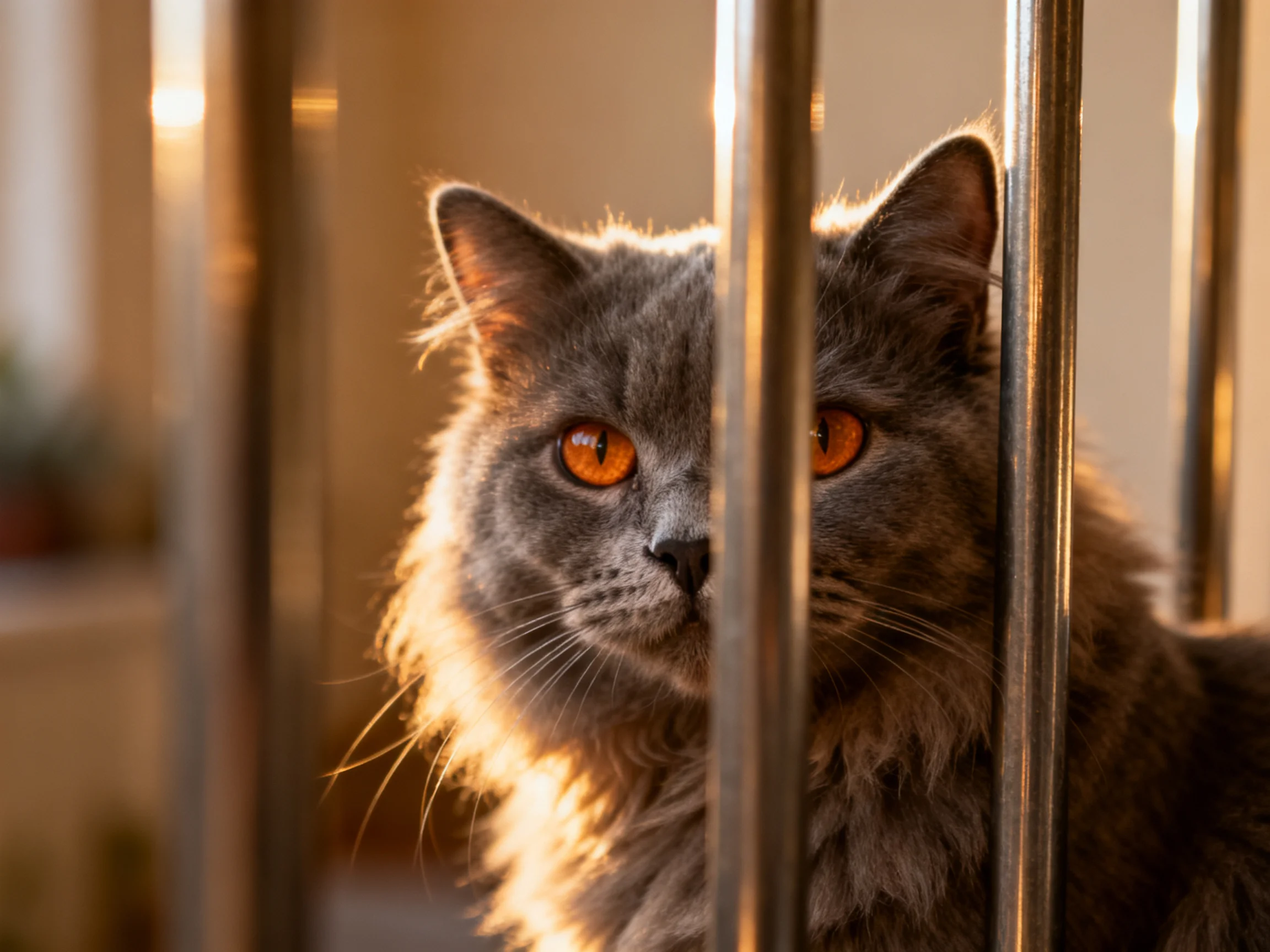 A fluffy gray cat with bright orange eyes is partially hidden by metallic bars in a sunlit setting.