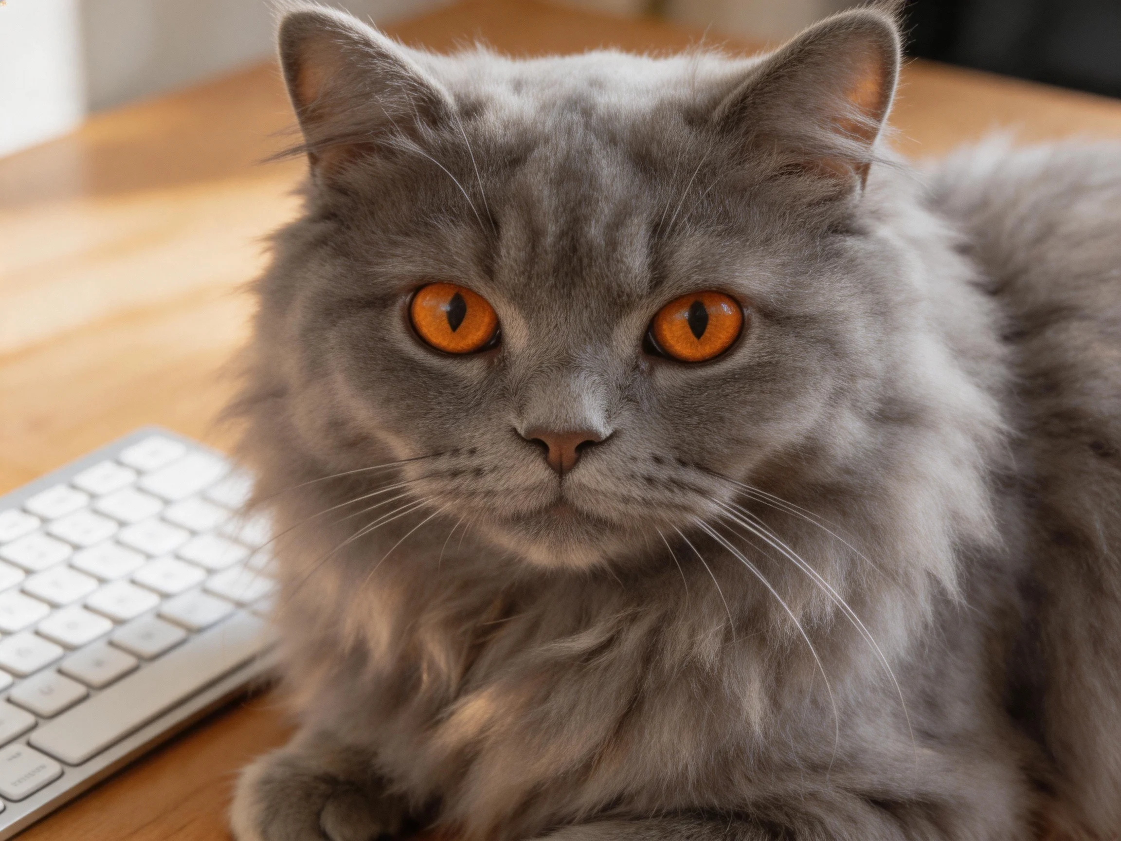 A gray cat with orange eyes sits near a keyboard on a wooden surface.