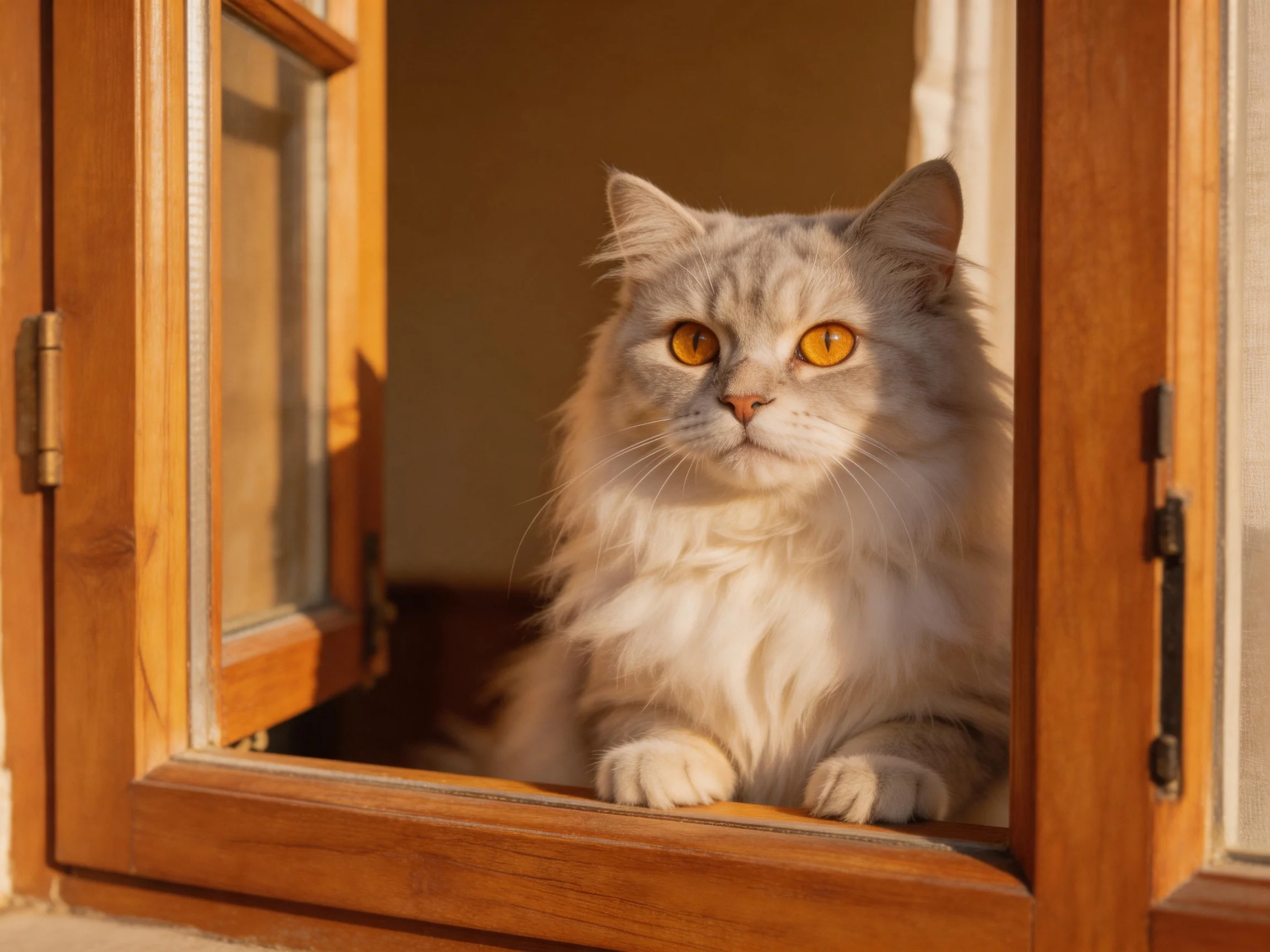A fluffy gray cat with orange eyes rests at an open wooden window
