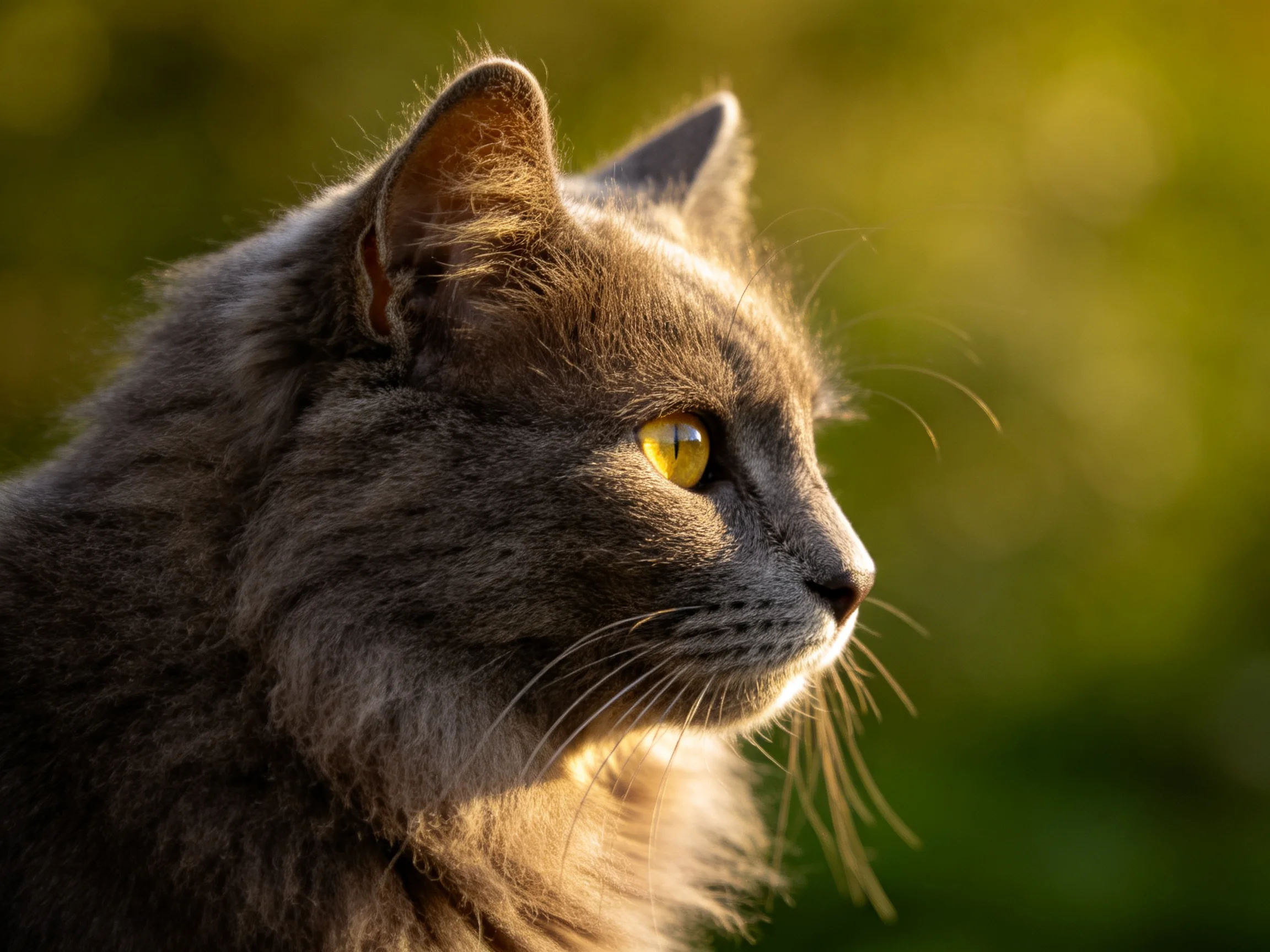 A fluffy gray cat with bright yellow eyes looks toward the right under warm light.