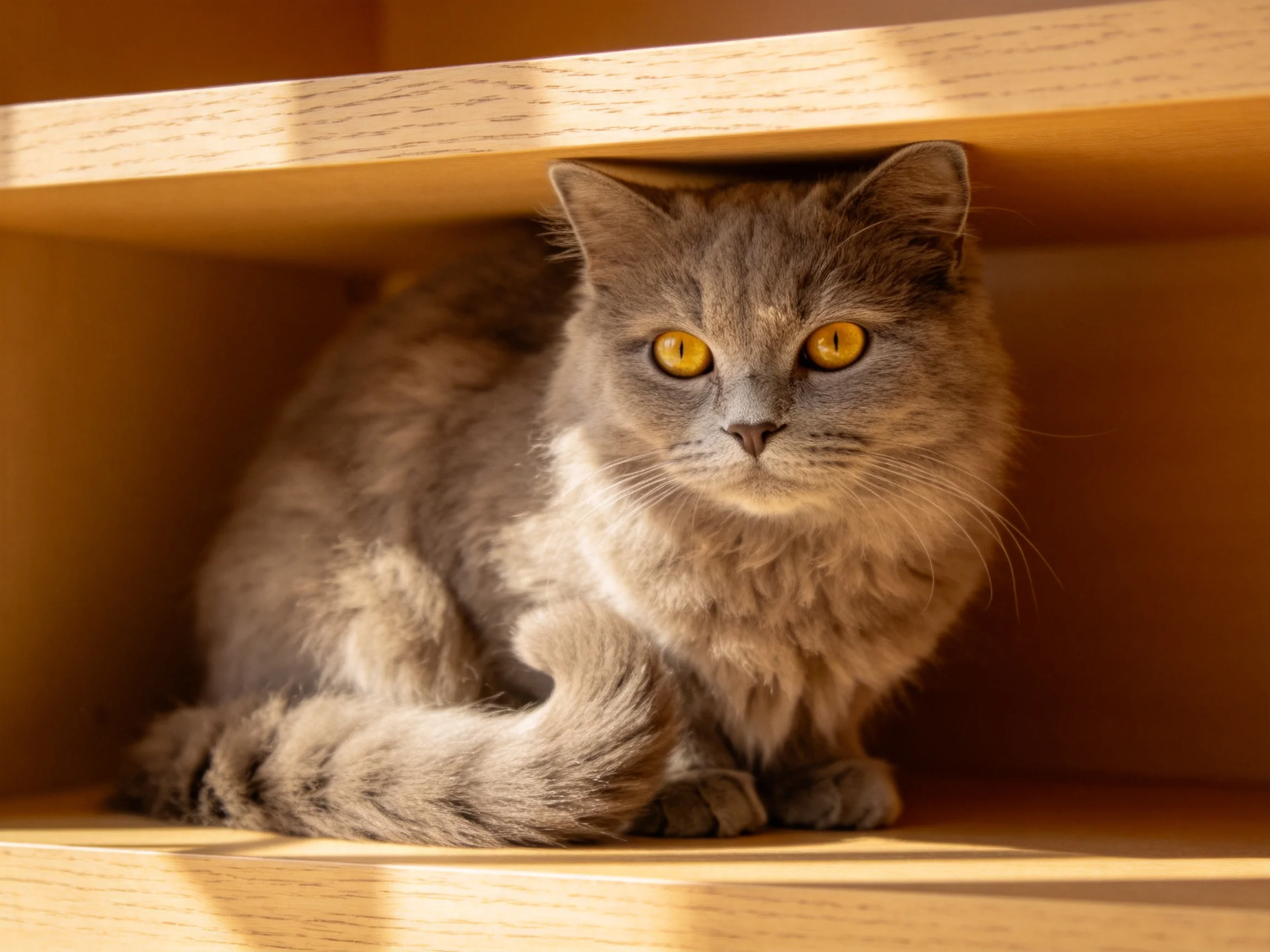 A fluffy gray cat with yellow eyes rests under a wooden shelf.
