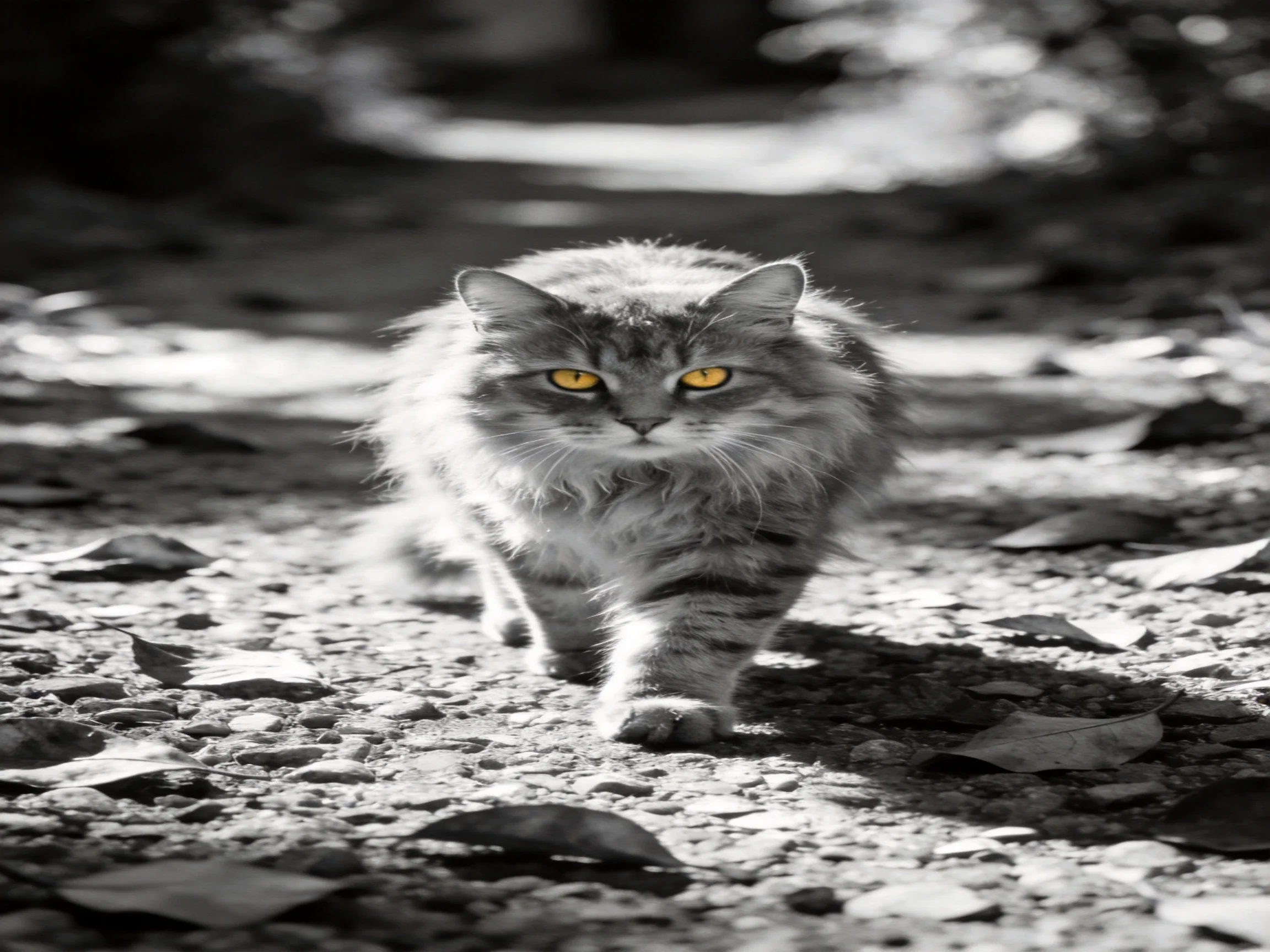 A fluffy gray cat with yellow eyes walks on a leaf-strewn path.