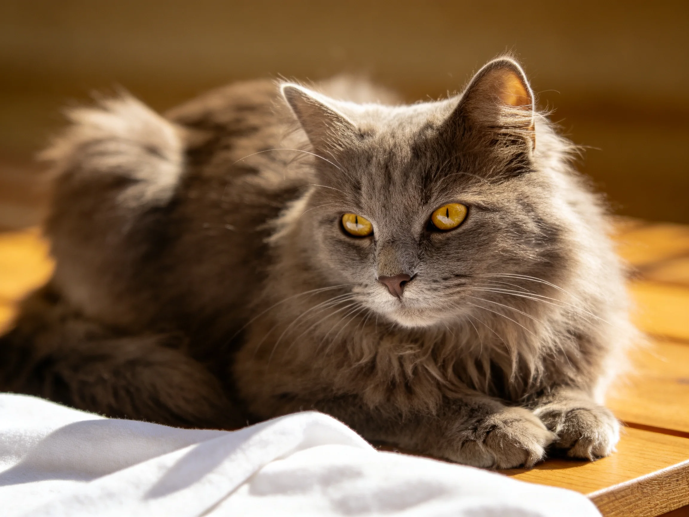 A fluffy gray cat with yellow eyes relaxes on a wooden surface beside white fabric