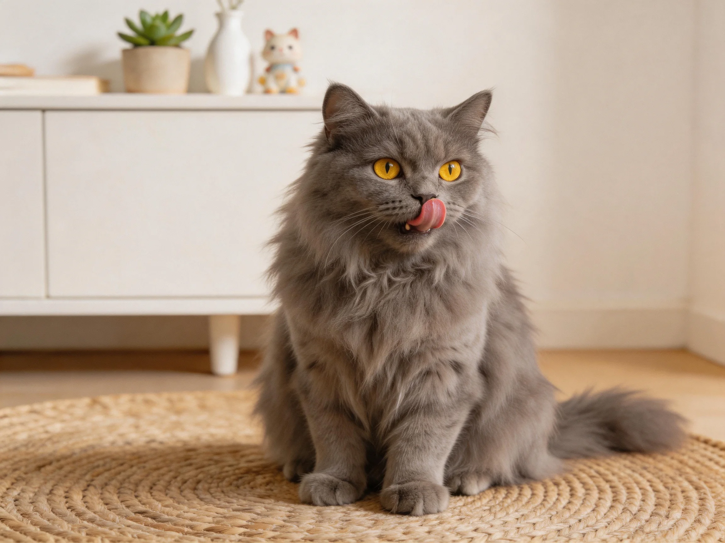 A gray cat with yellow eyes sits indoors near furniture.