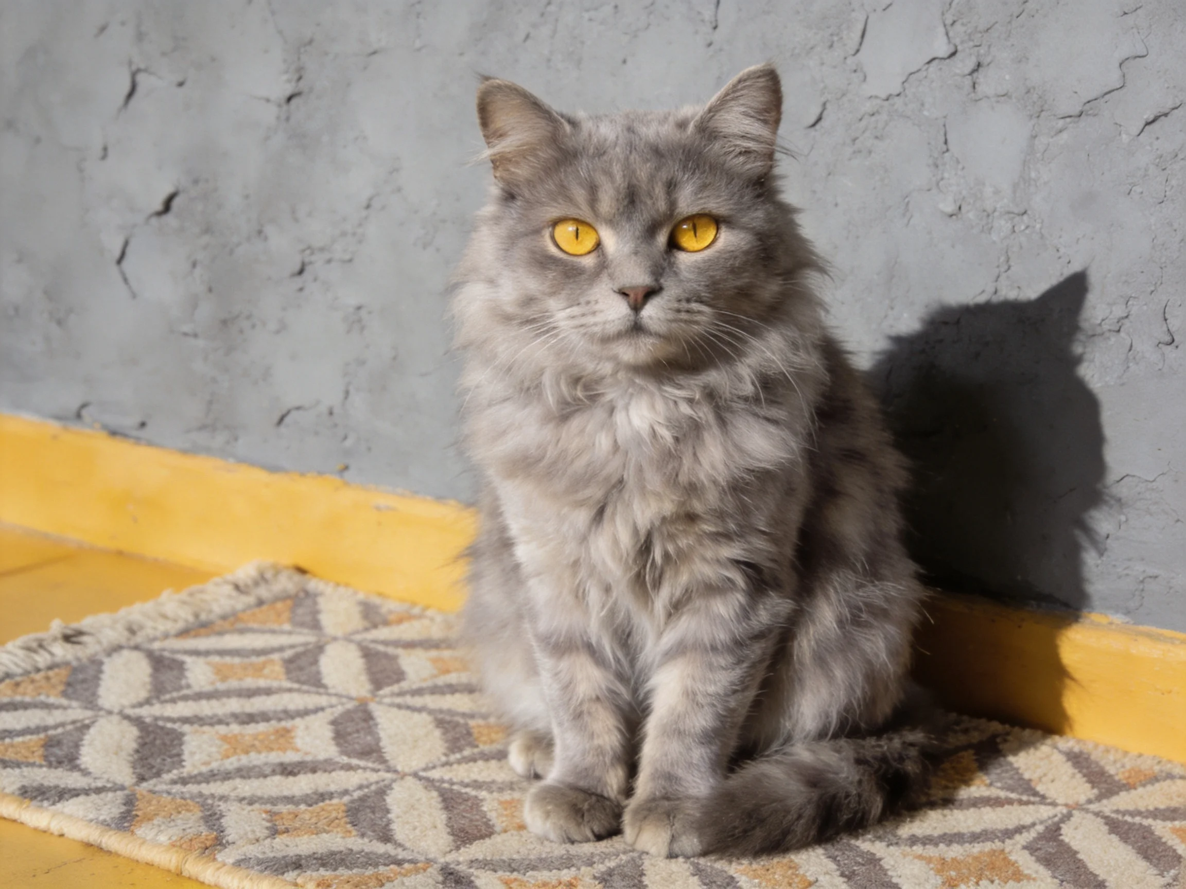 A gray long-haired cat with yellow eyes sits on a patterned rug near a gray wall.