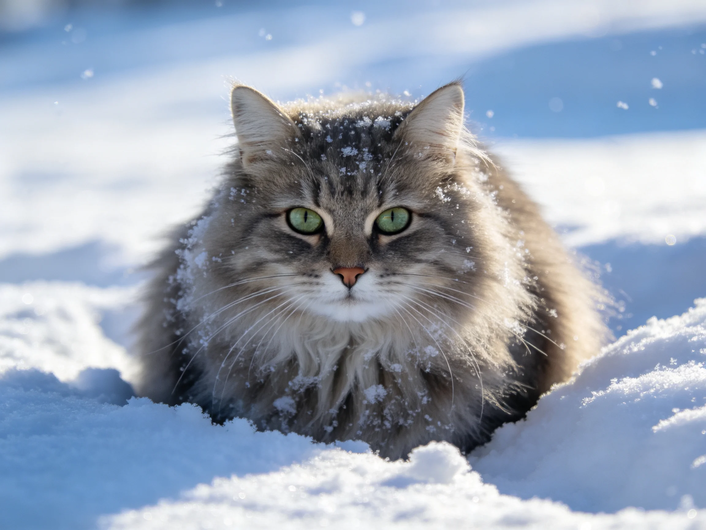 A fluffy gray cat with green eyes sits calmly among bright white snow.
