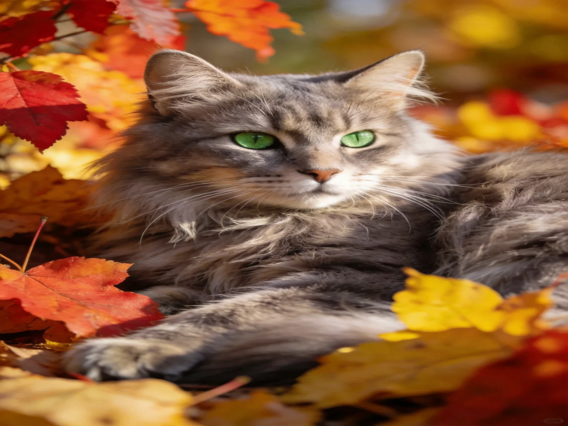 A fluffy gray cat with green eyes rests among autumn leaves