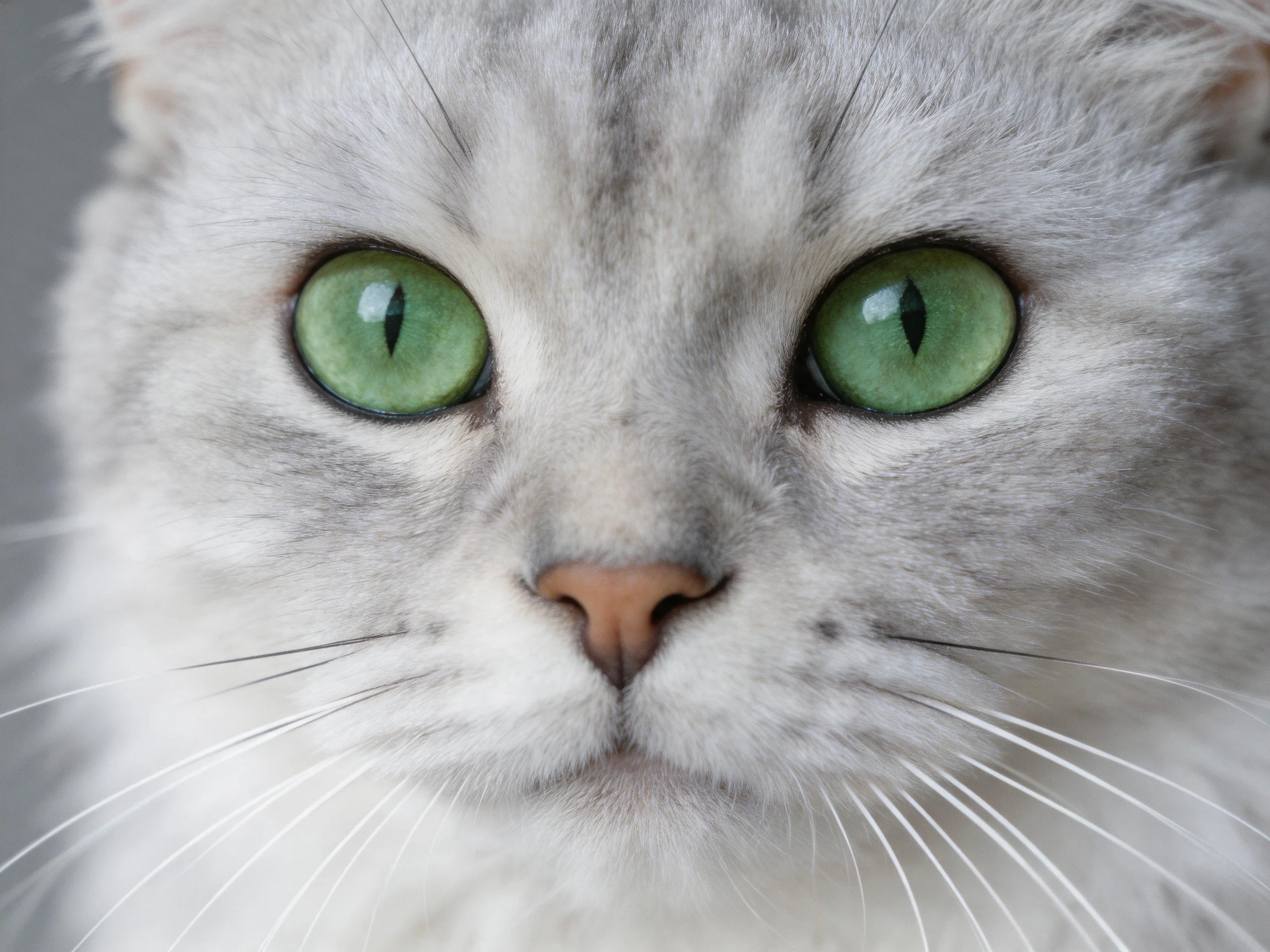 A fluffy gray cat with vibrant green eyes is photographed in a close-up.