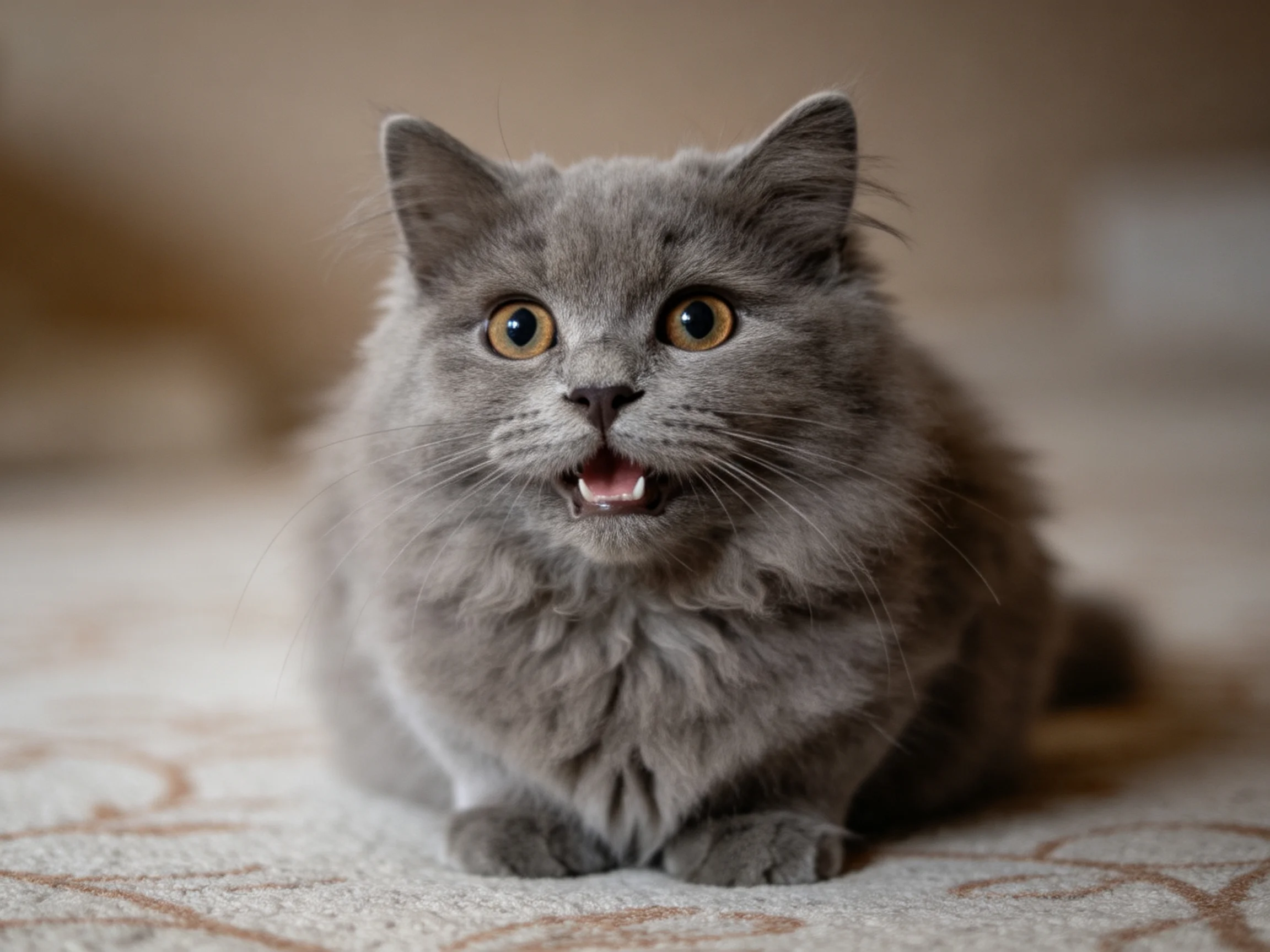 A fluffy gray cat sits on a patterned carpet with an expressive look