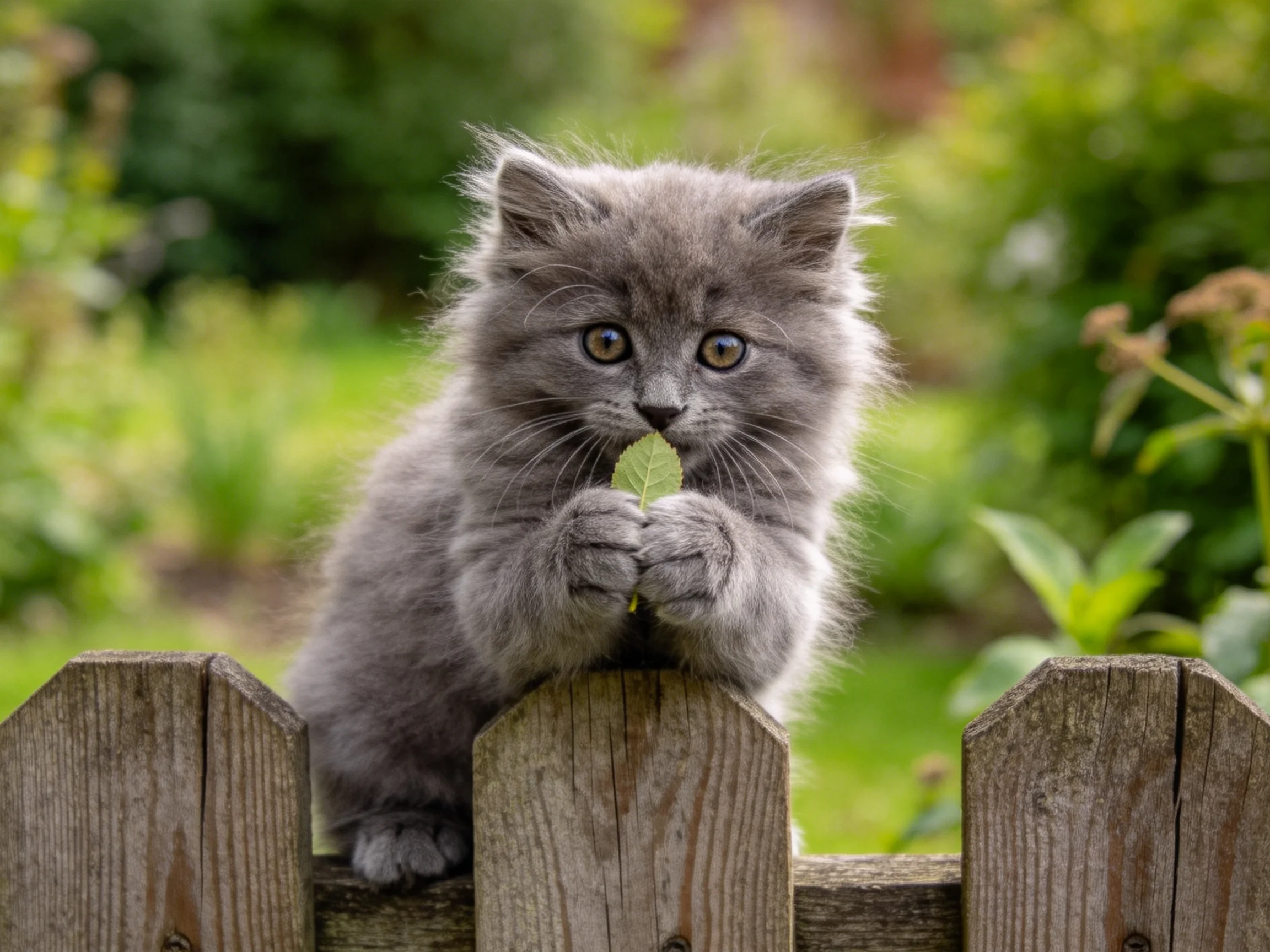A fluffy gray kitten holds a leaf atop a wooden fence
