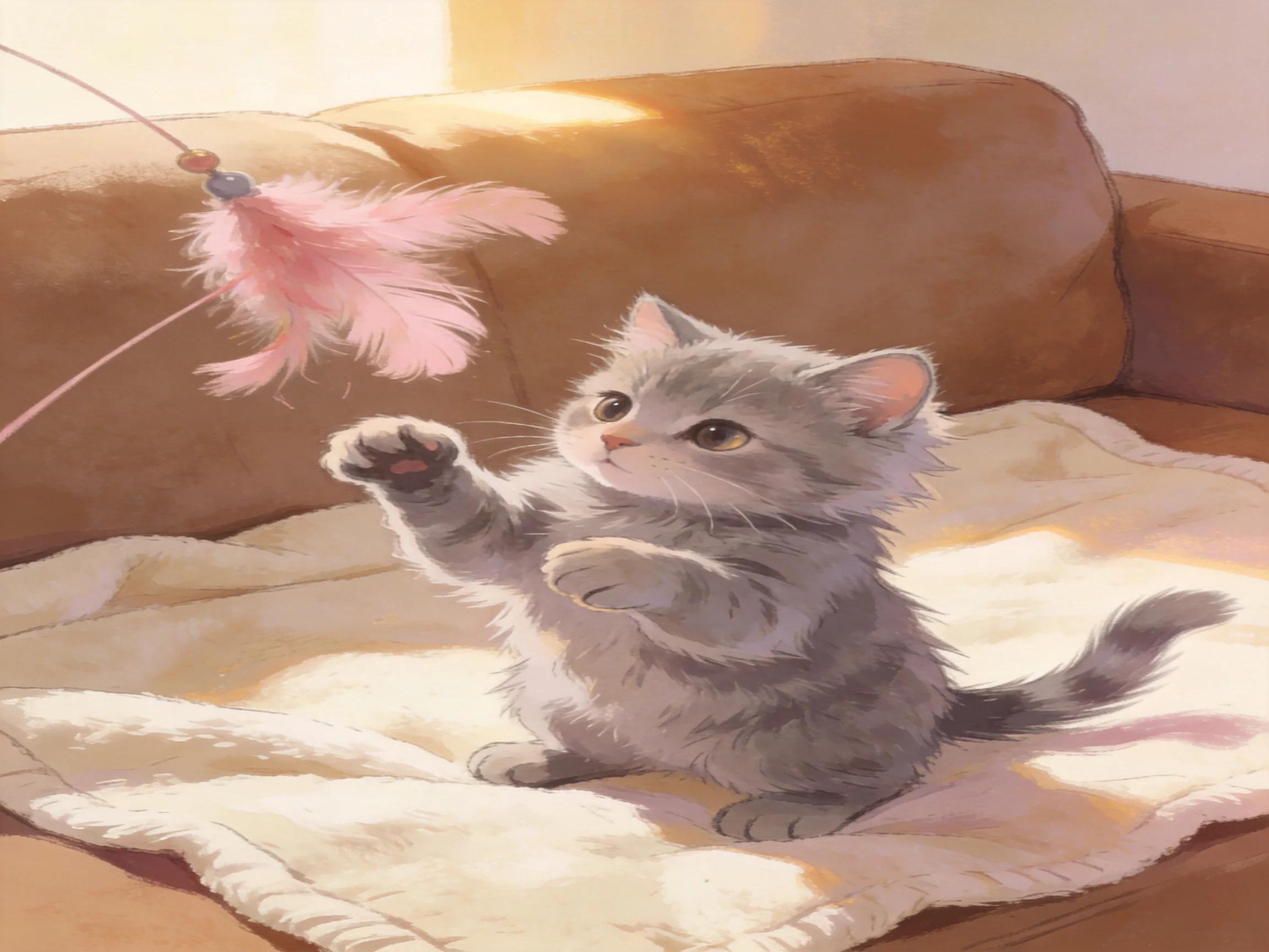 A gray kitten plays with a pink feather toy on a couch
