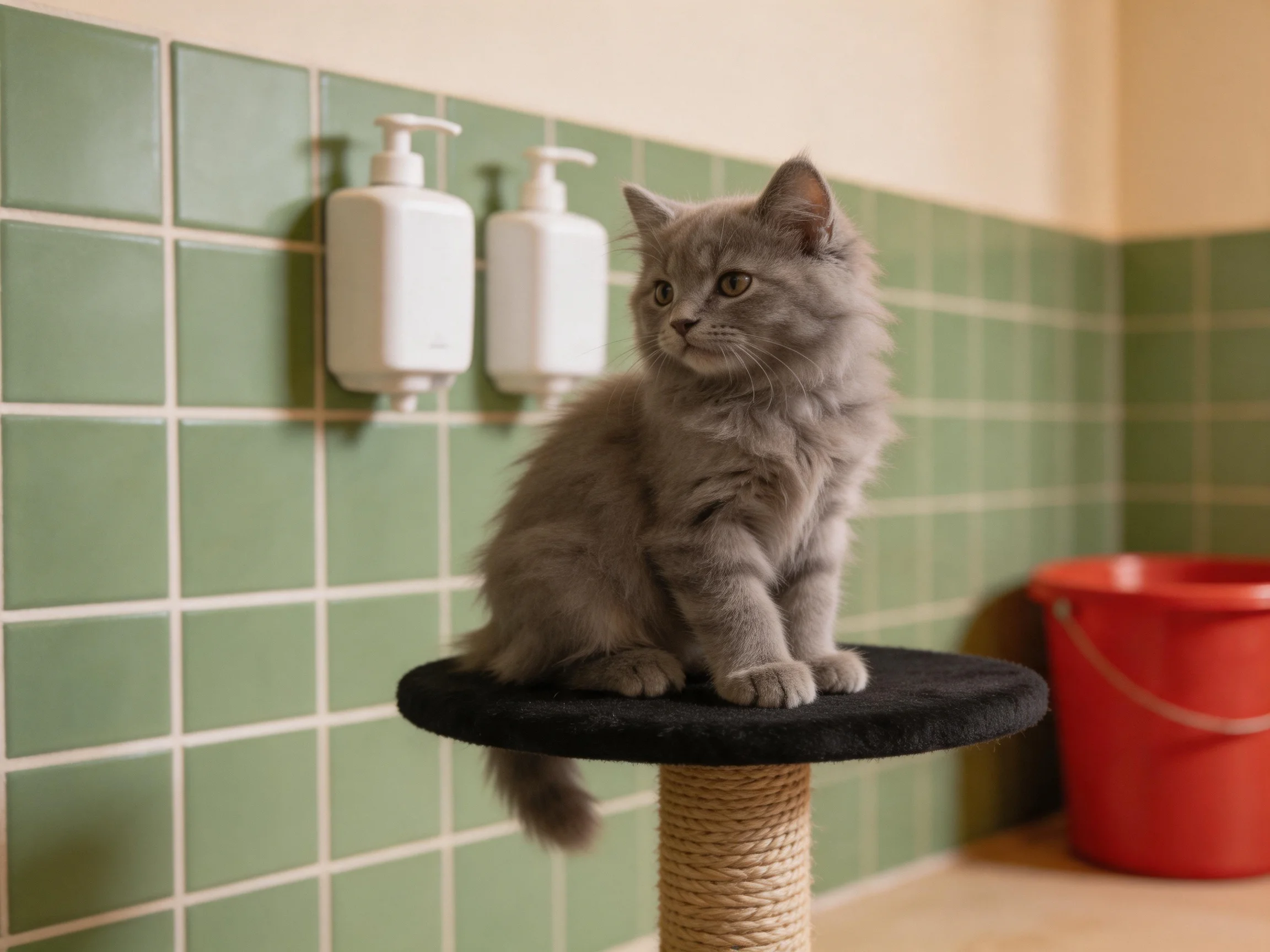 A gray kitten sits on a cat tree in a room with green tiled walls.