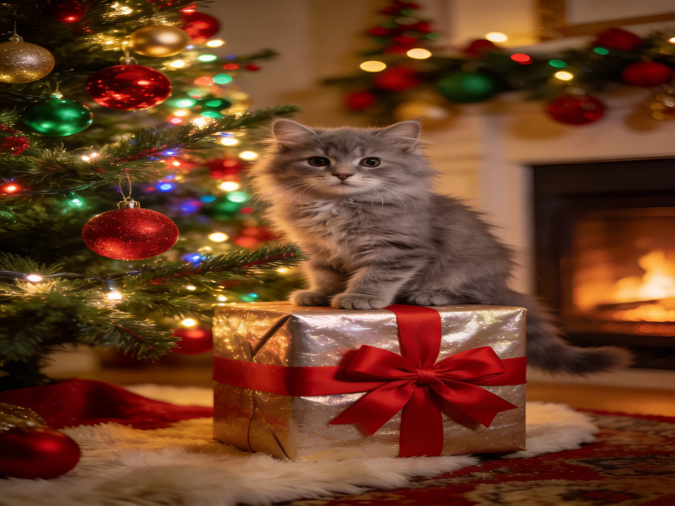 A fluffy gray kitten rests on a wrapped gift box next to a festive Christmas tree