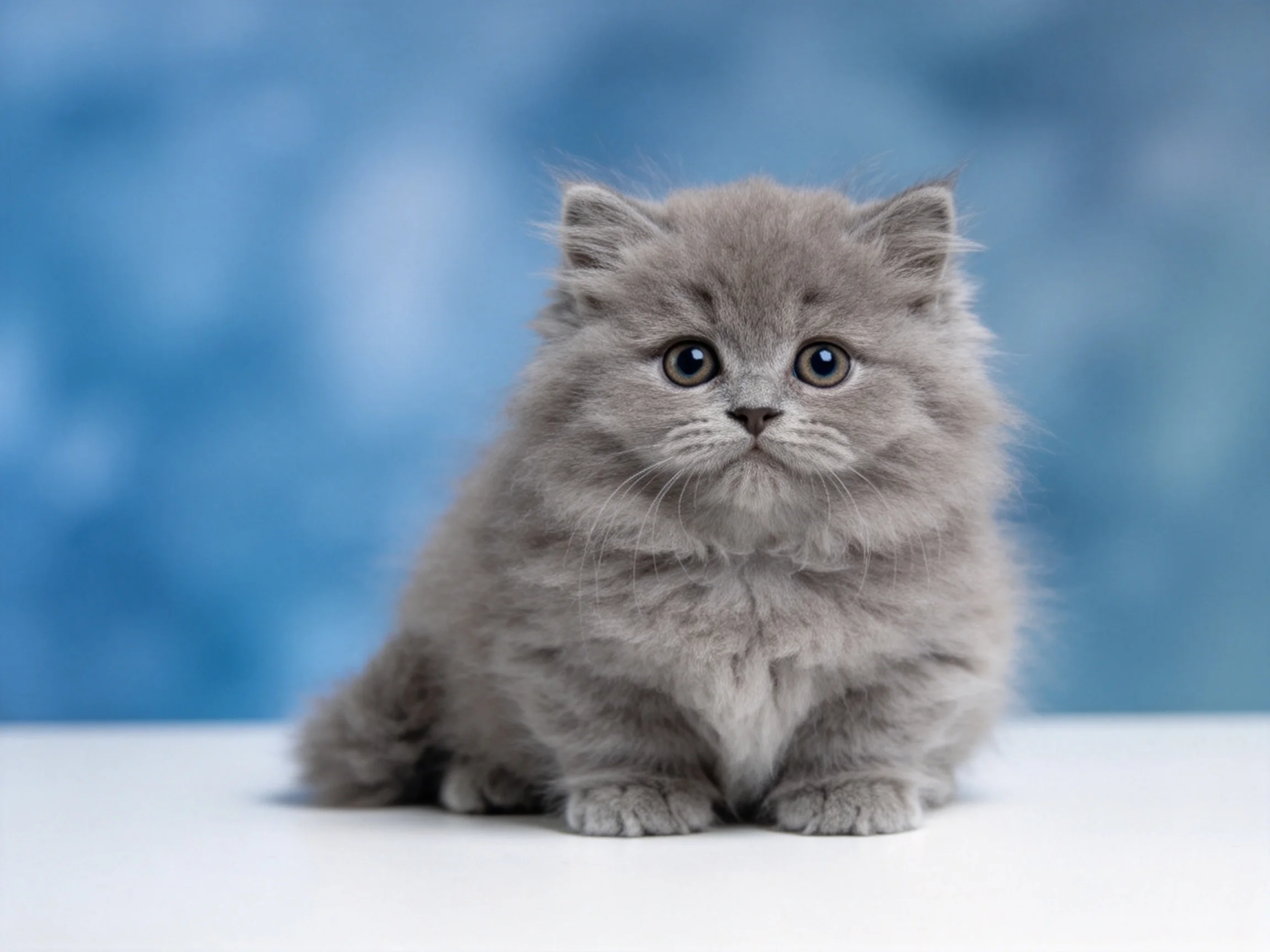 A fluffy gray kitten sits calmly on a white surface with a blue backdrop.