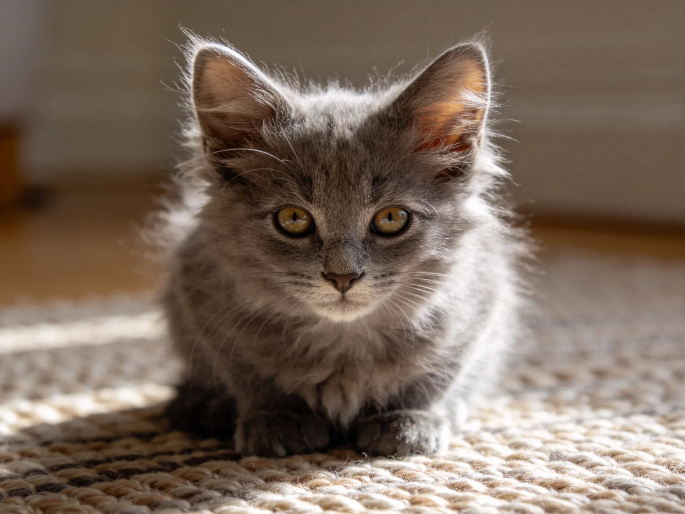 A fluffy gray kitten sitting on a textured rug in soft light