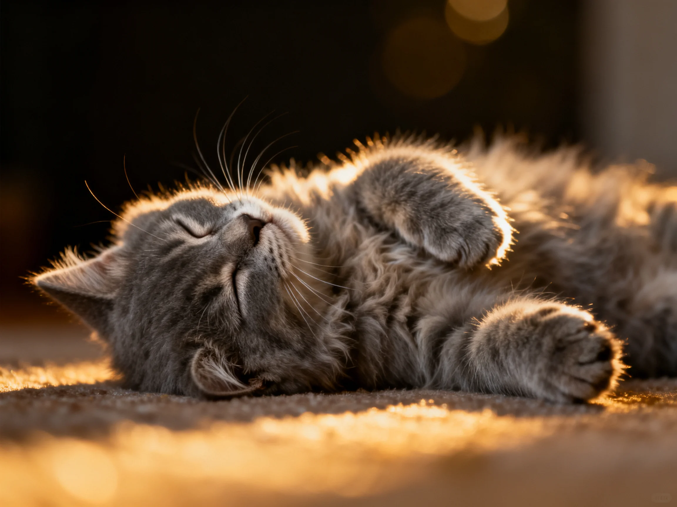 A fluffy gray kitten sleeps contentedly in golden sunlight