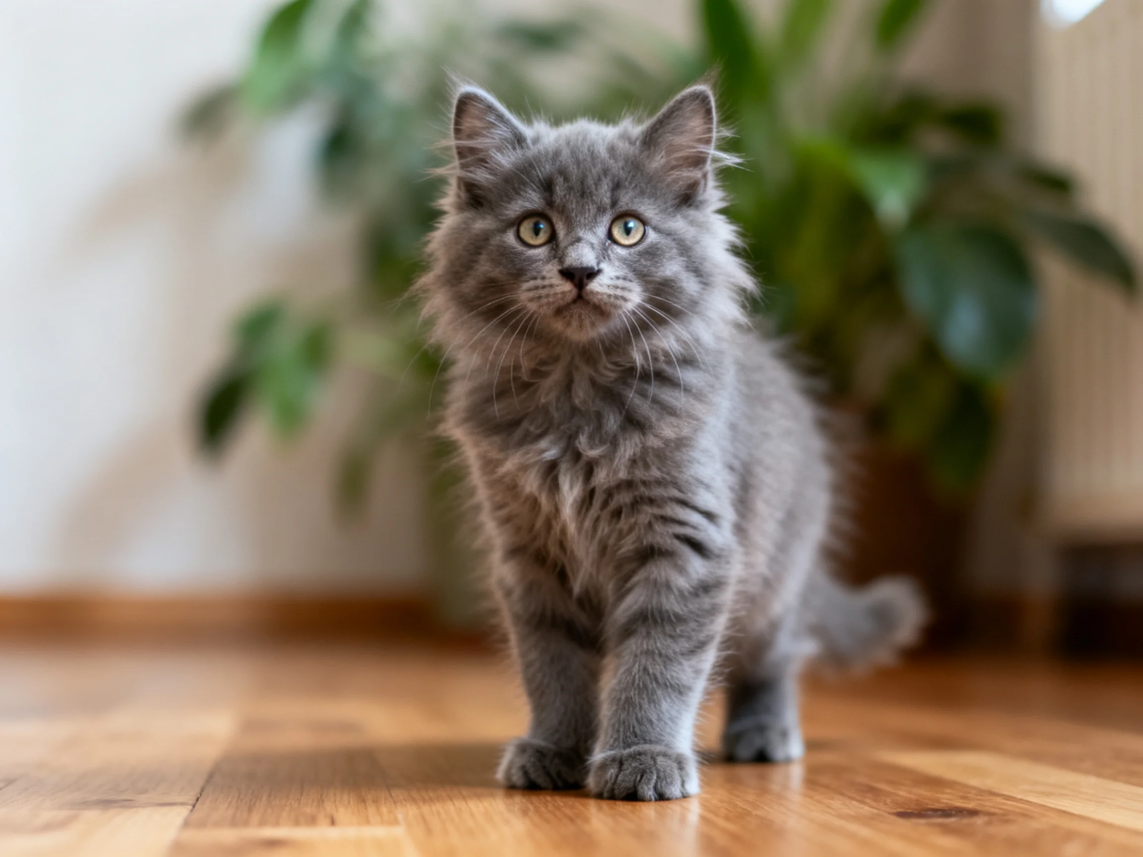 A fluffy gray kitten stands on polished wooden flooring near green plants