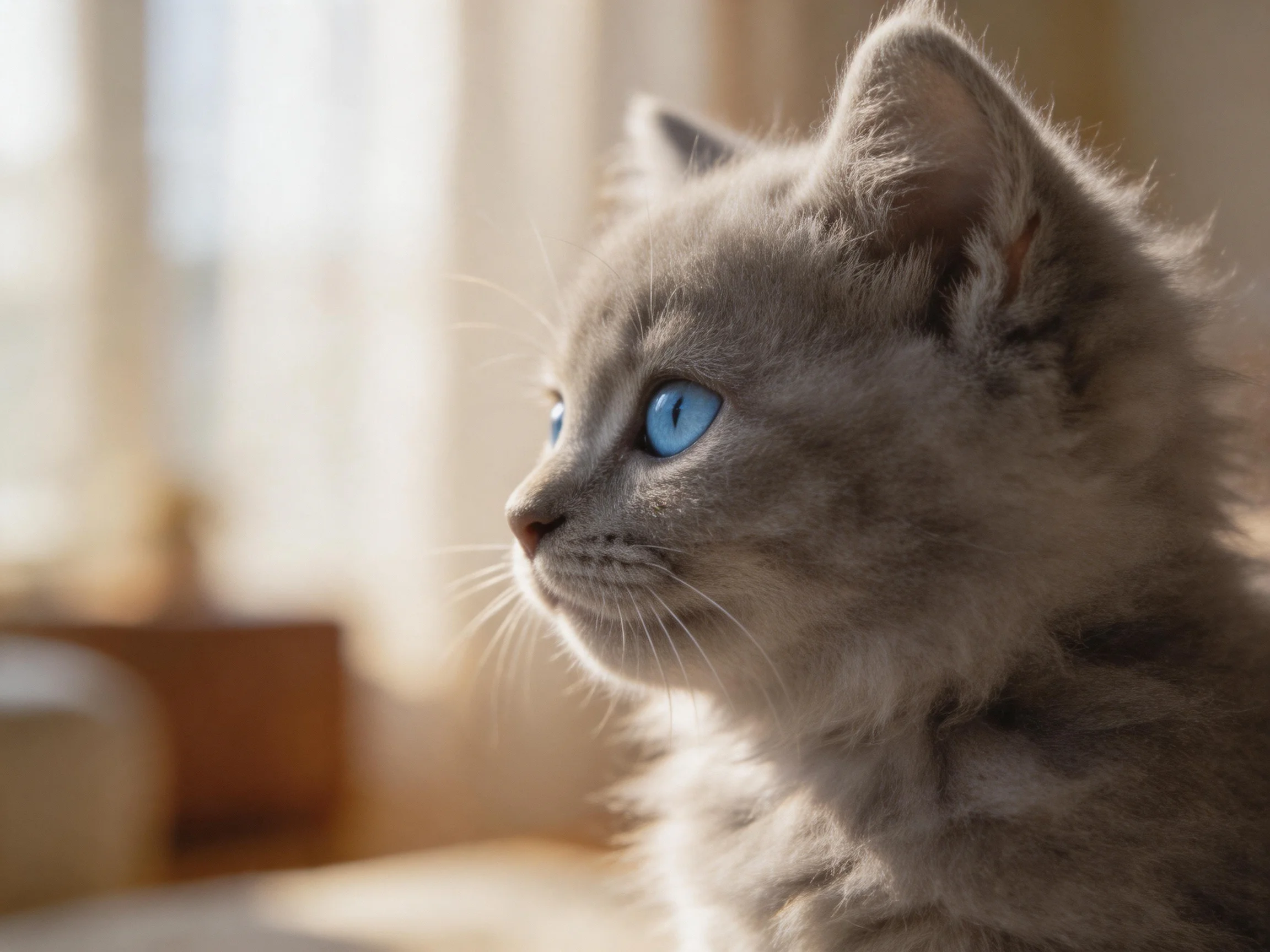 A gray kitten with blue eyes sits near a sunlit interior.