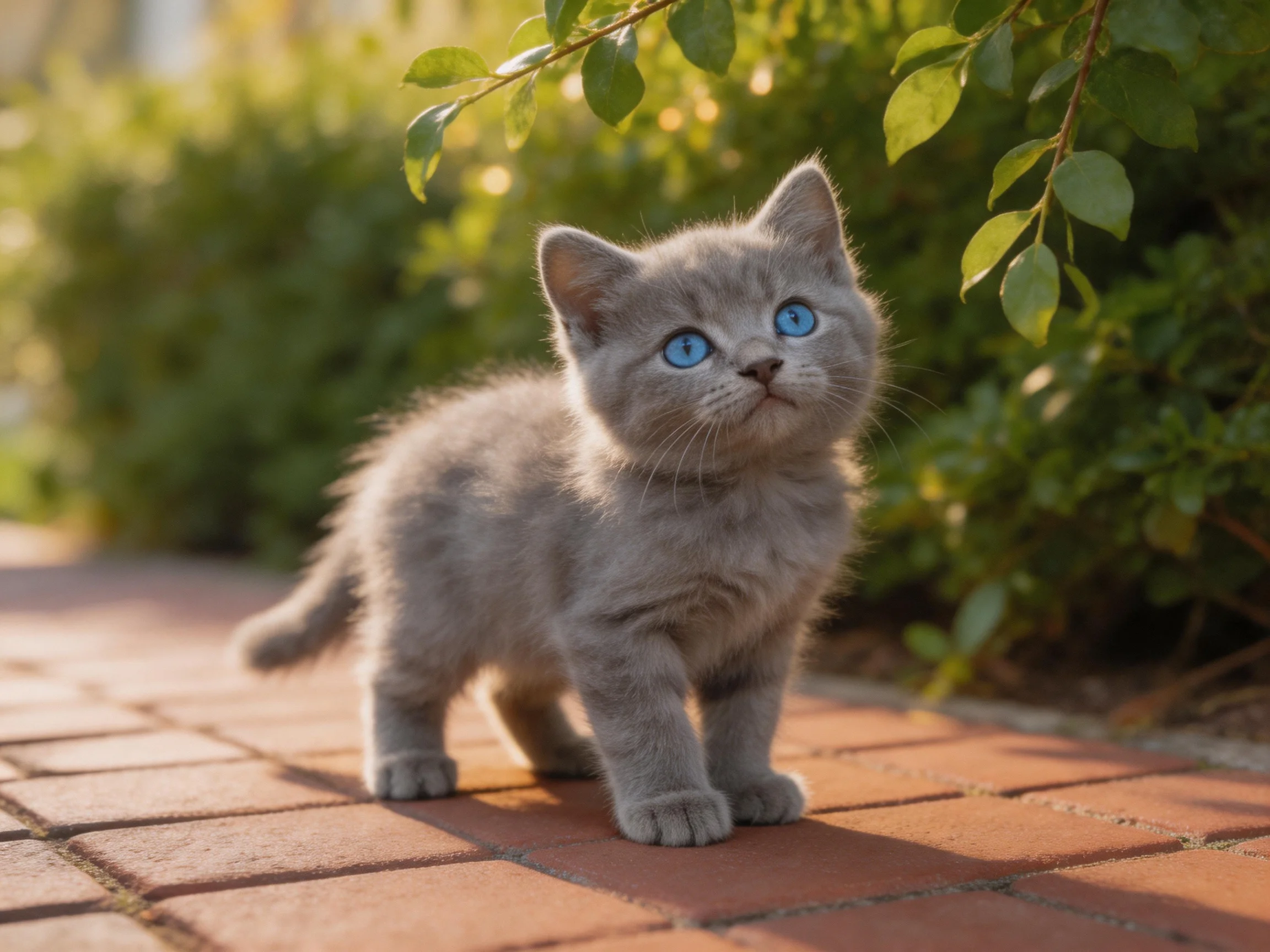 A small gray kitten with blue eyes stands on a brick walkway near green bushes.