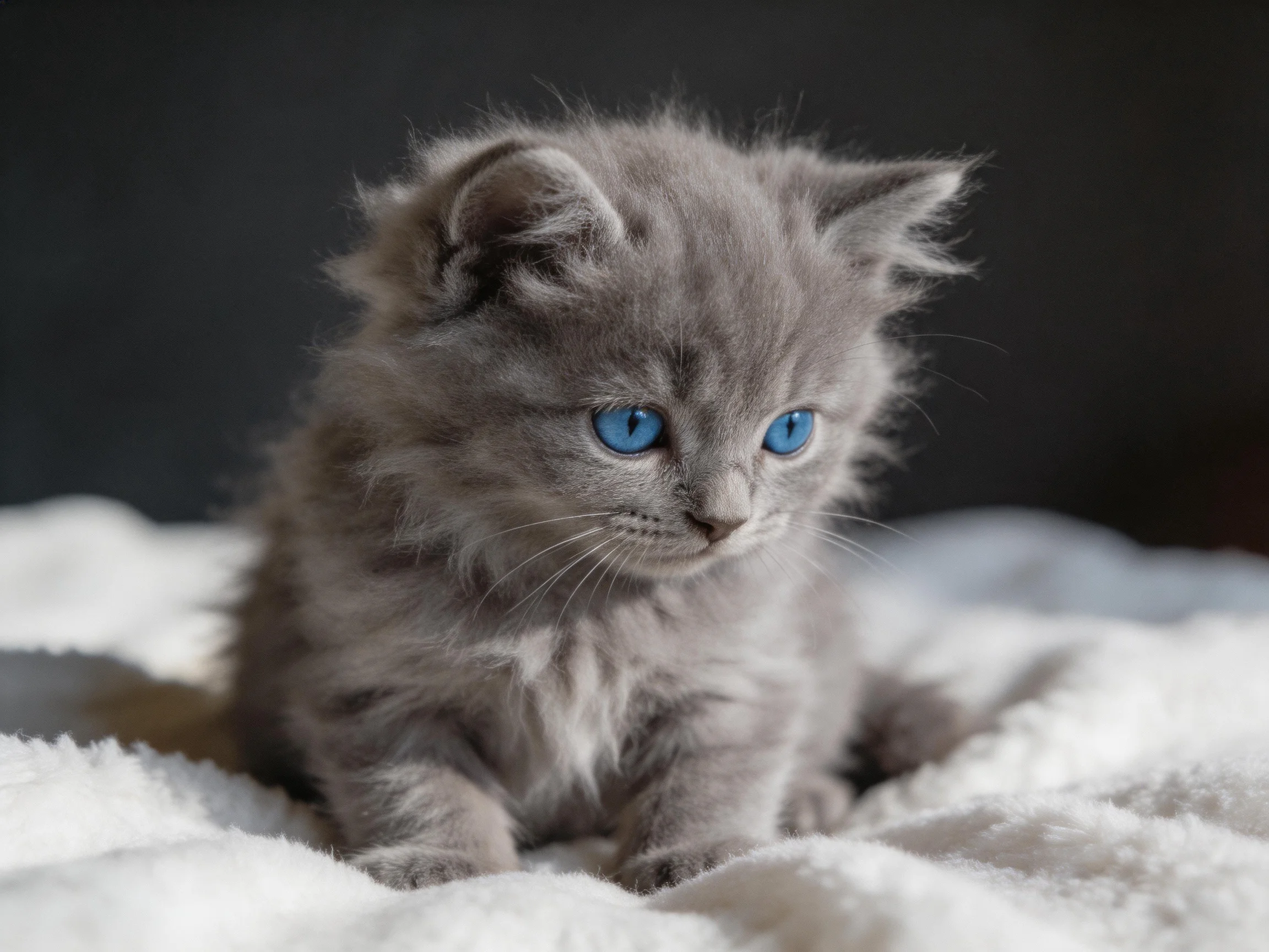 A gray kitten with blue eyes rests on a plush white fabric