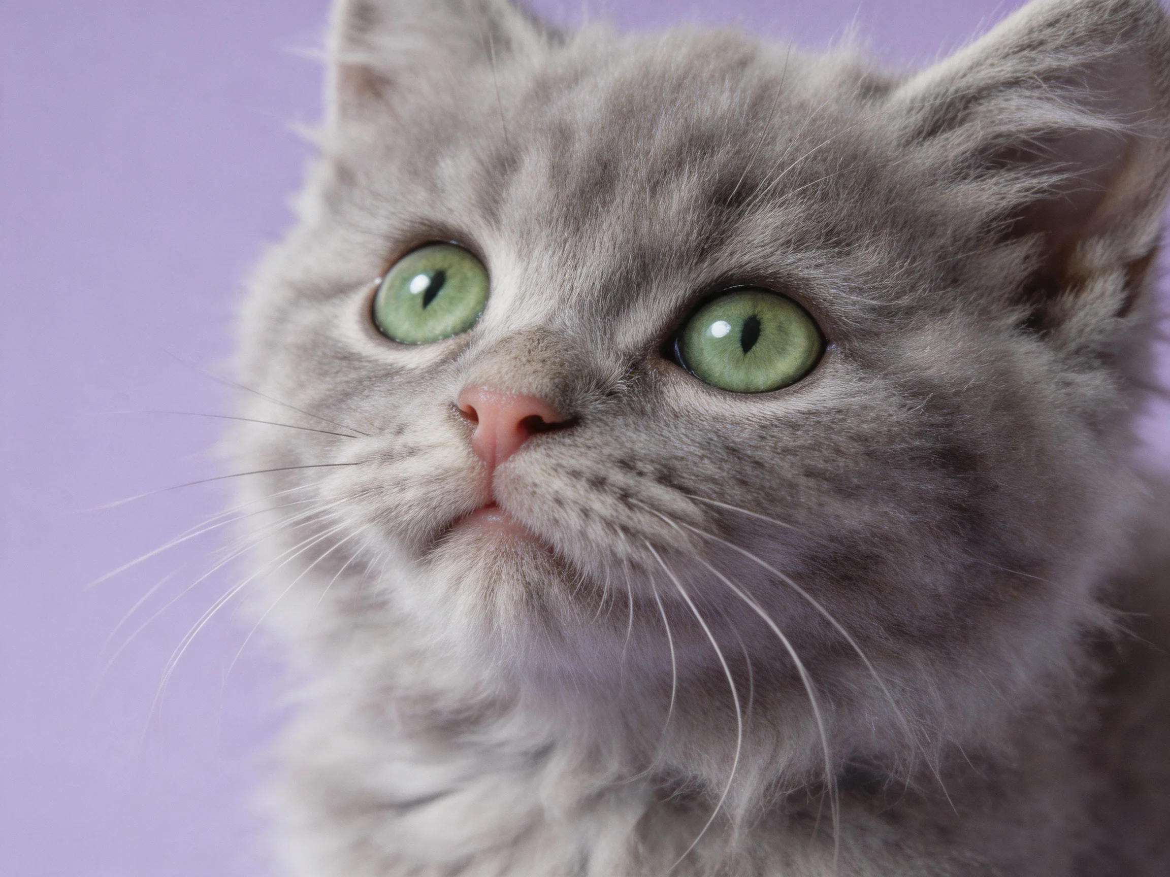 A close - of a fluffy gray kitten with green eyes against a purple background