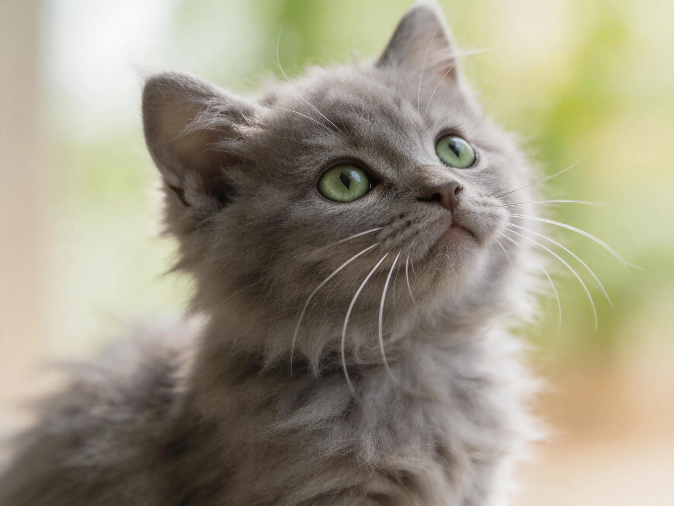 A fluffy gray kitten looks upward with bright green eyes.