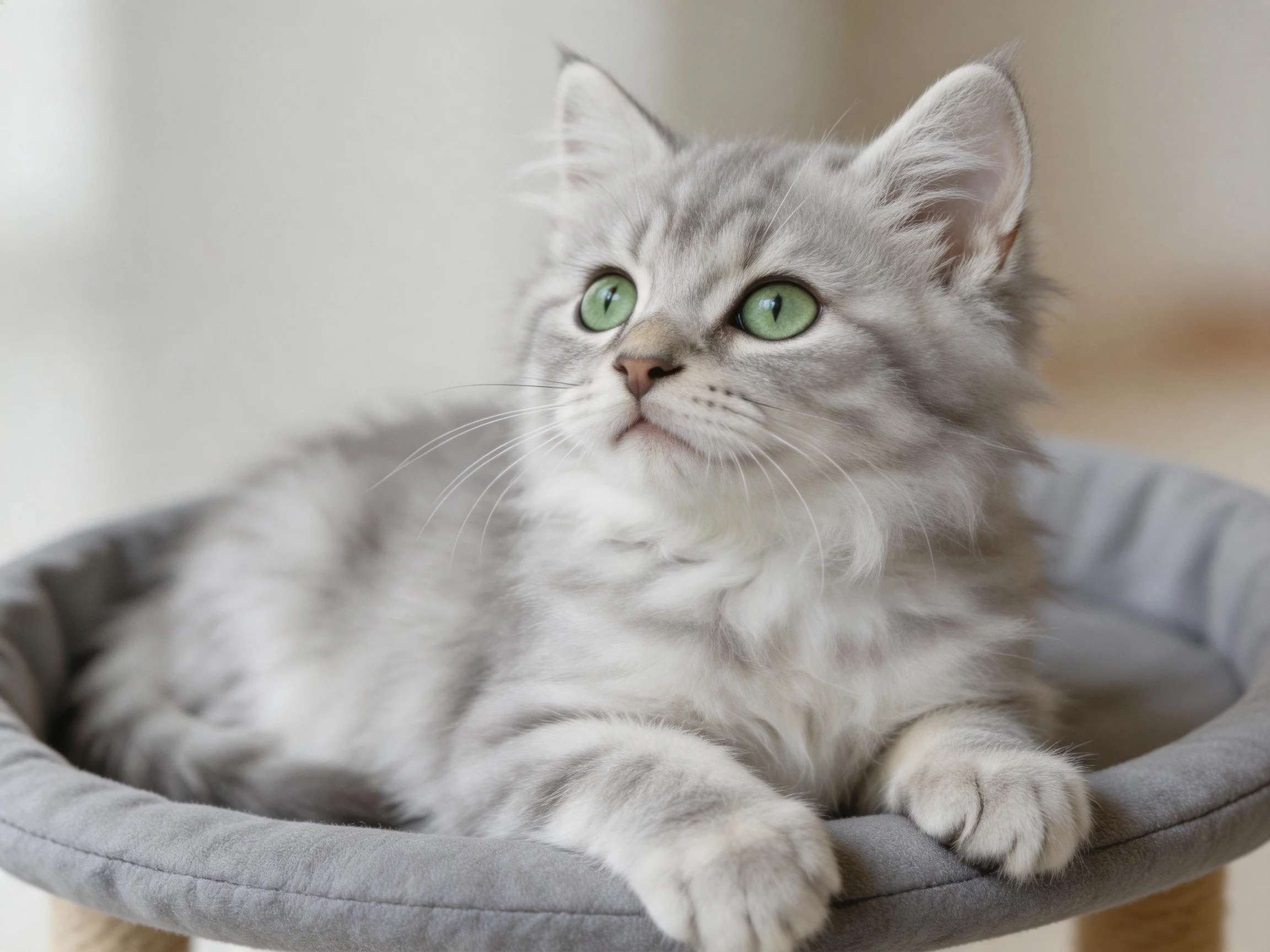 A gray kitten with green eyes relaxes in a cozy bed.