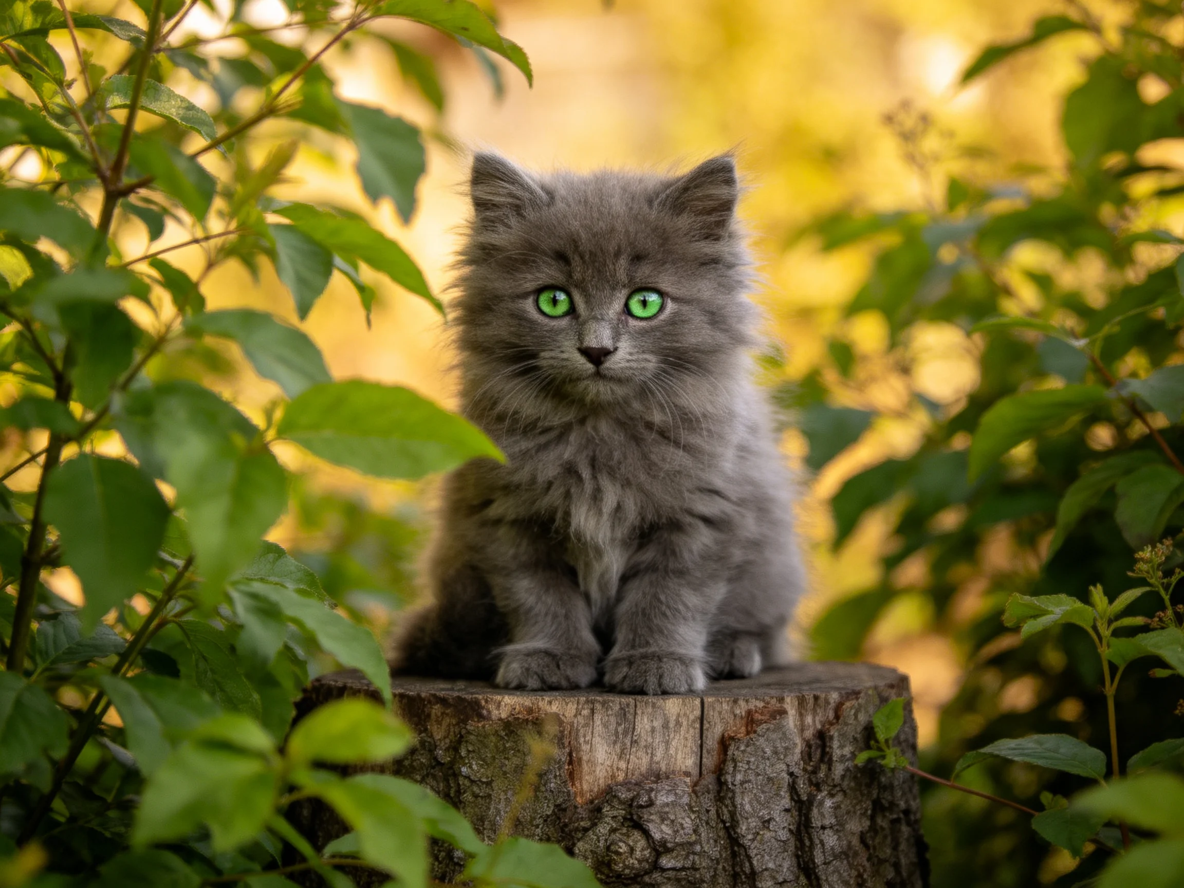 A gray kitten with bright green eyes sits on a weathered tree stump surrounded by lush foliage.