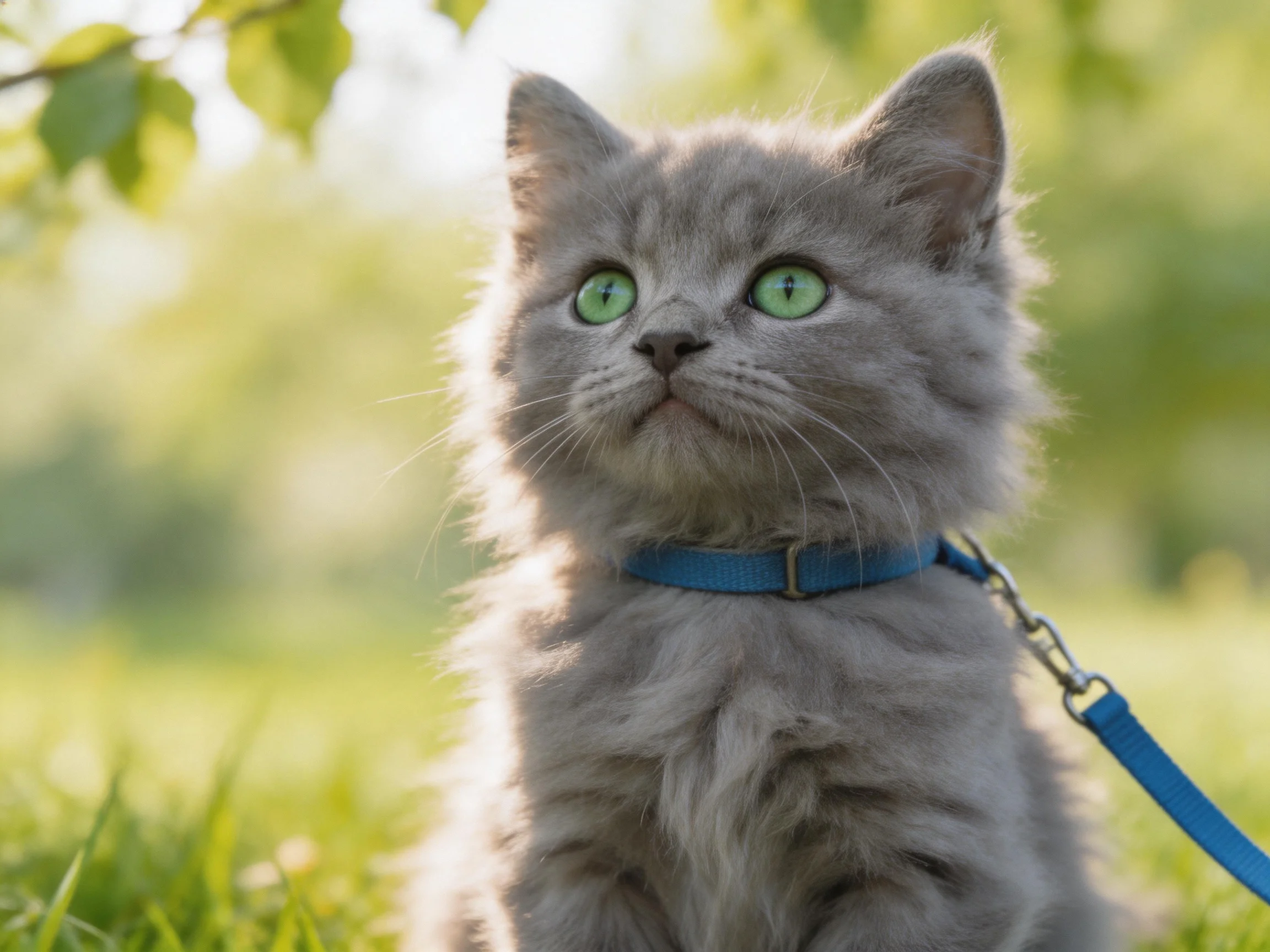 A gray kitten with green eyes and a blue collar sits in a sunlit outdoor area.