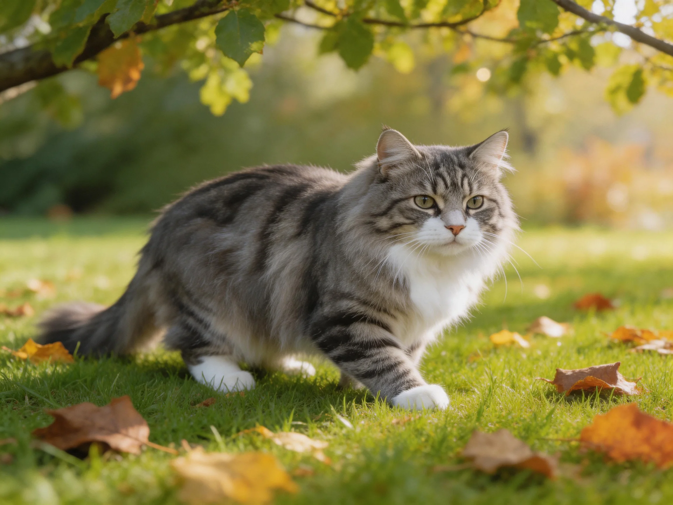 A fluffy gray tabby cat roams a sunlit lawn scattered with autumn leaves