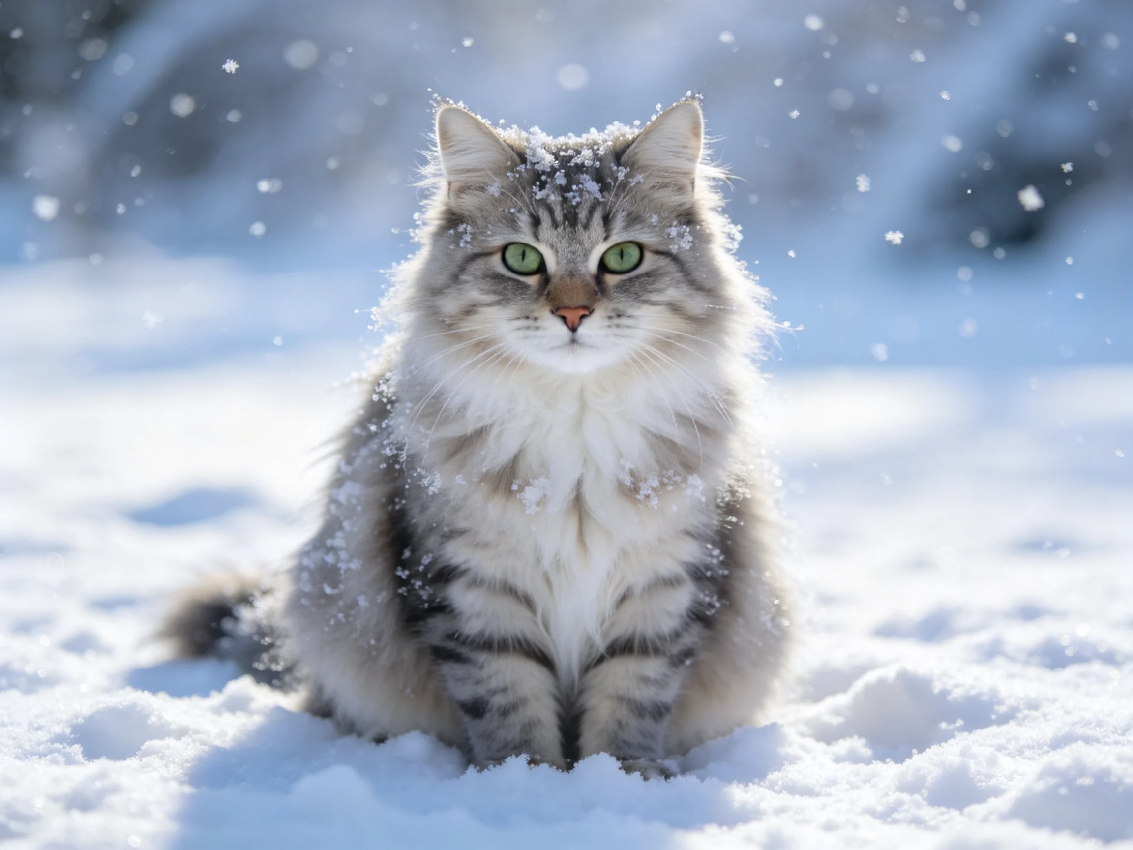 A fluffy gray tabby cat sits calmly in the falling snow.