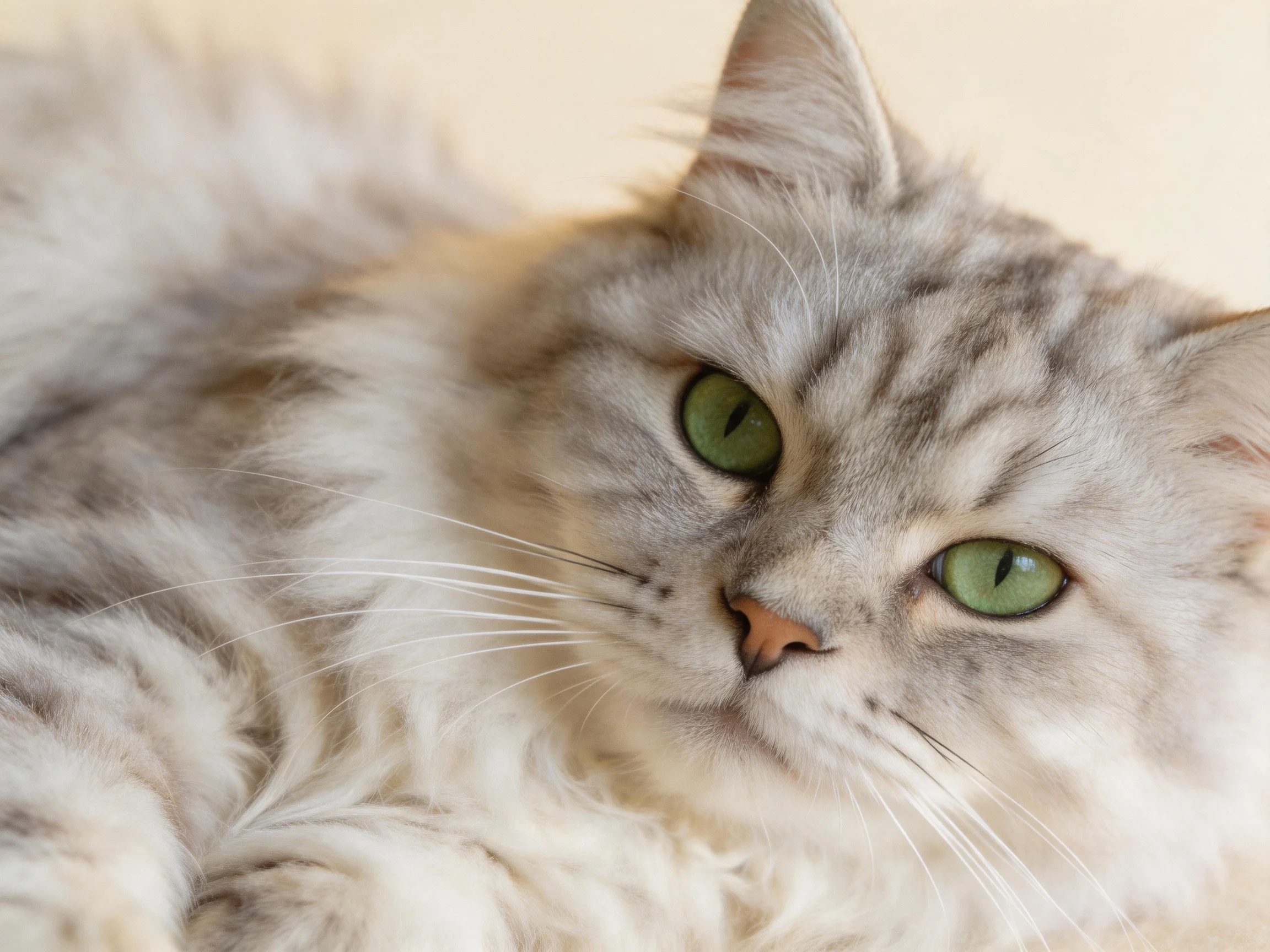 A fluffy gray tabby cat with green eyes rests peacefully in a softly lit environment.