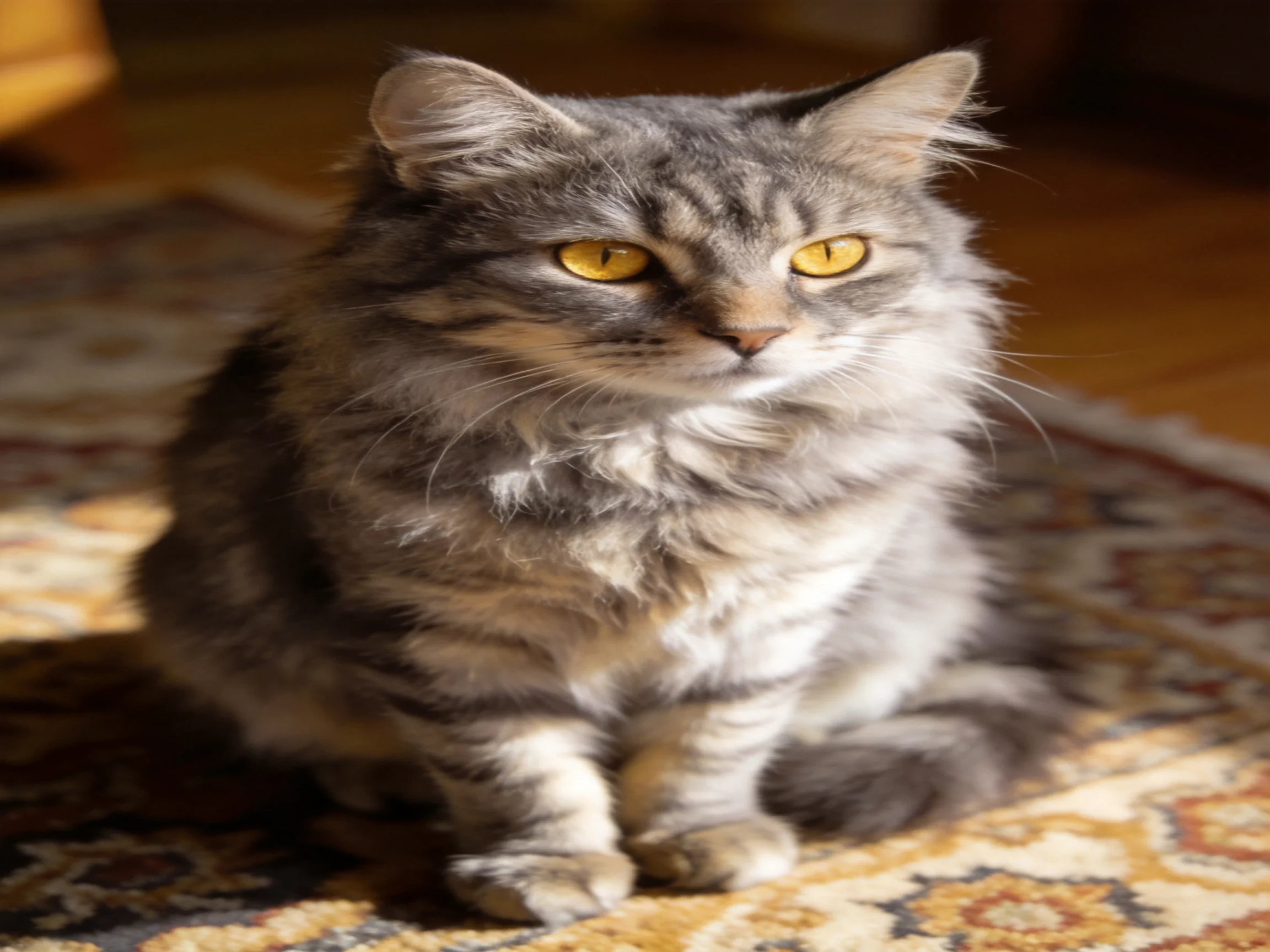 A gray tabby cat with golden eyes sits calmly on a patterned rug