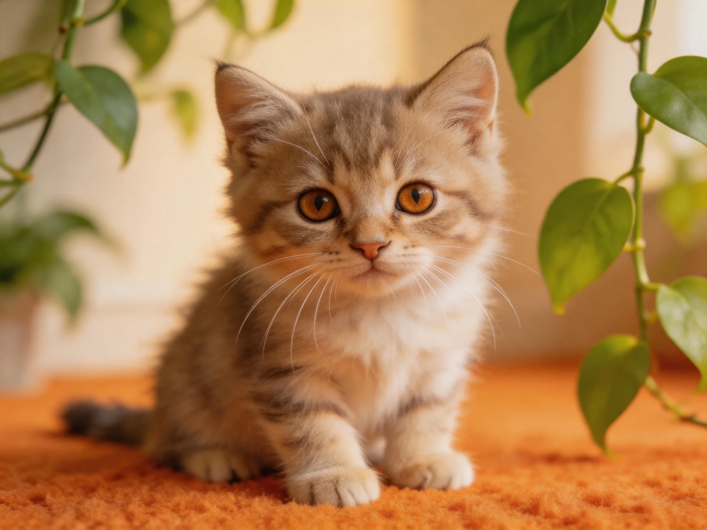 A small gray tabby kitten sits on an orange rug near green plants.