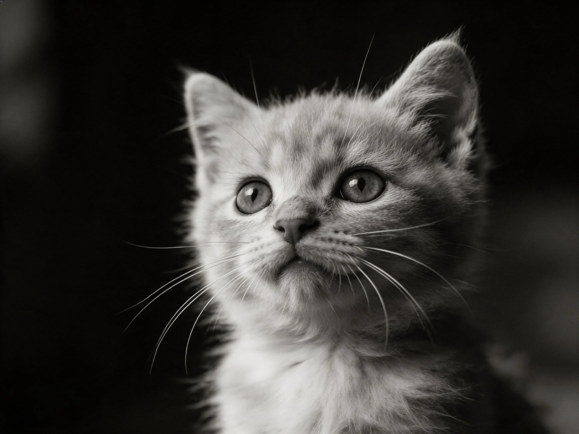 A fluffy kitten gazes upward in dramatic black and white lighting