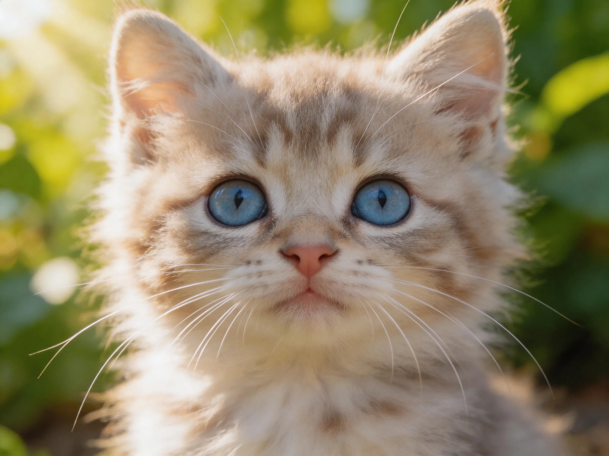 A fluffy kitten with bright blue eyes gazes in a sunlit outdoor setting with greenery.