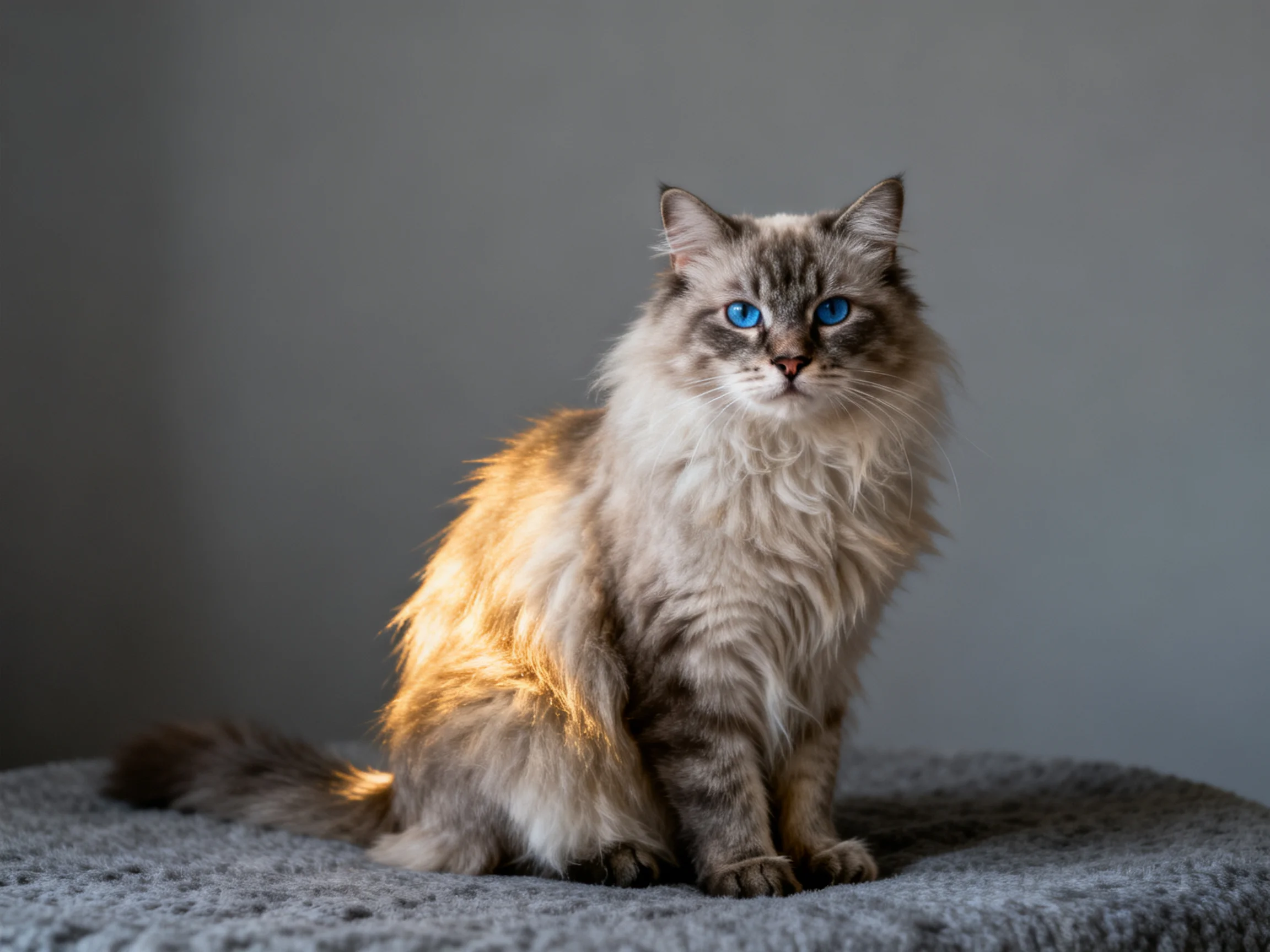 A fluffy long-haired cat with bright blue eyes sits on a gray cushion