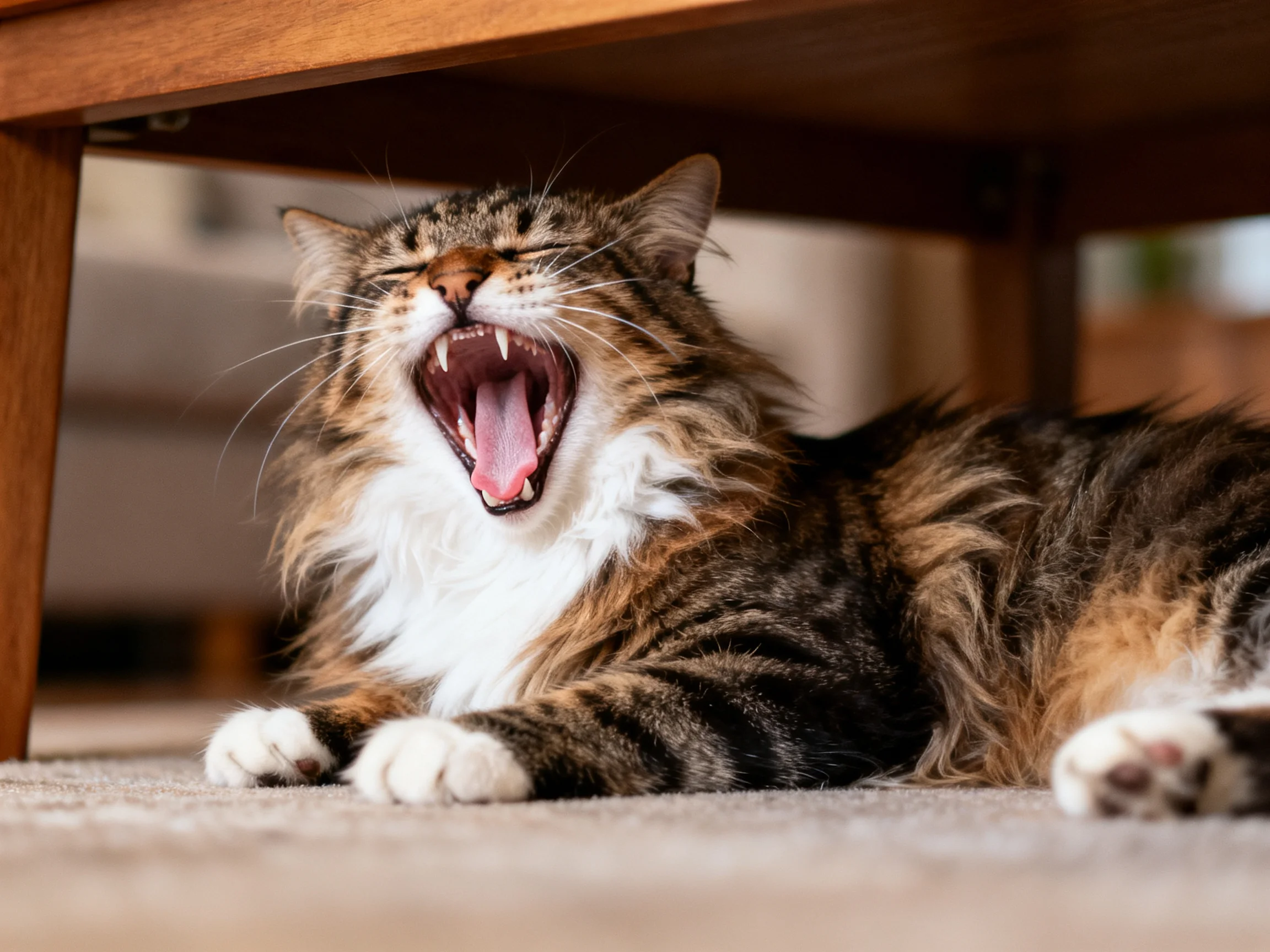 A fluffy multicolored cat yawns under a wooden table on a carpet