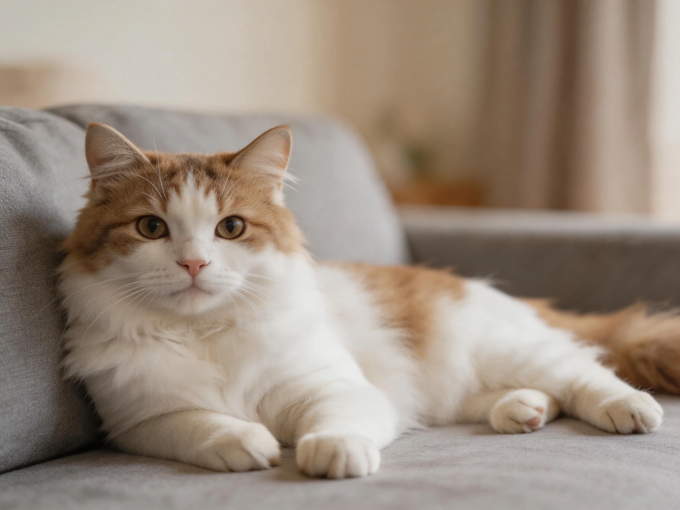 A fluffy orange-and-white cat relaxes on a gray sofa.