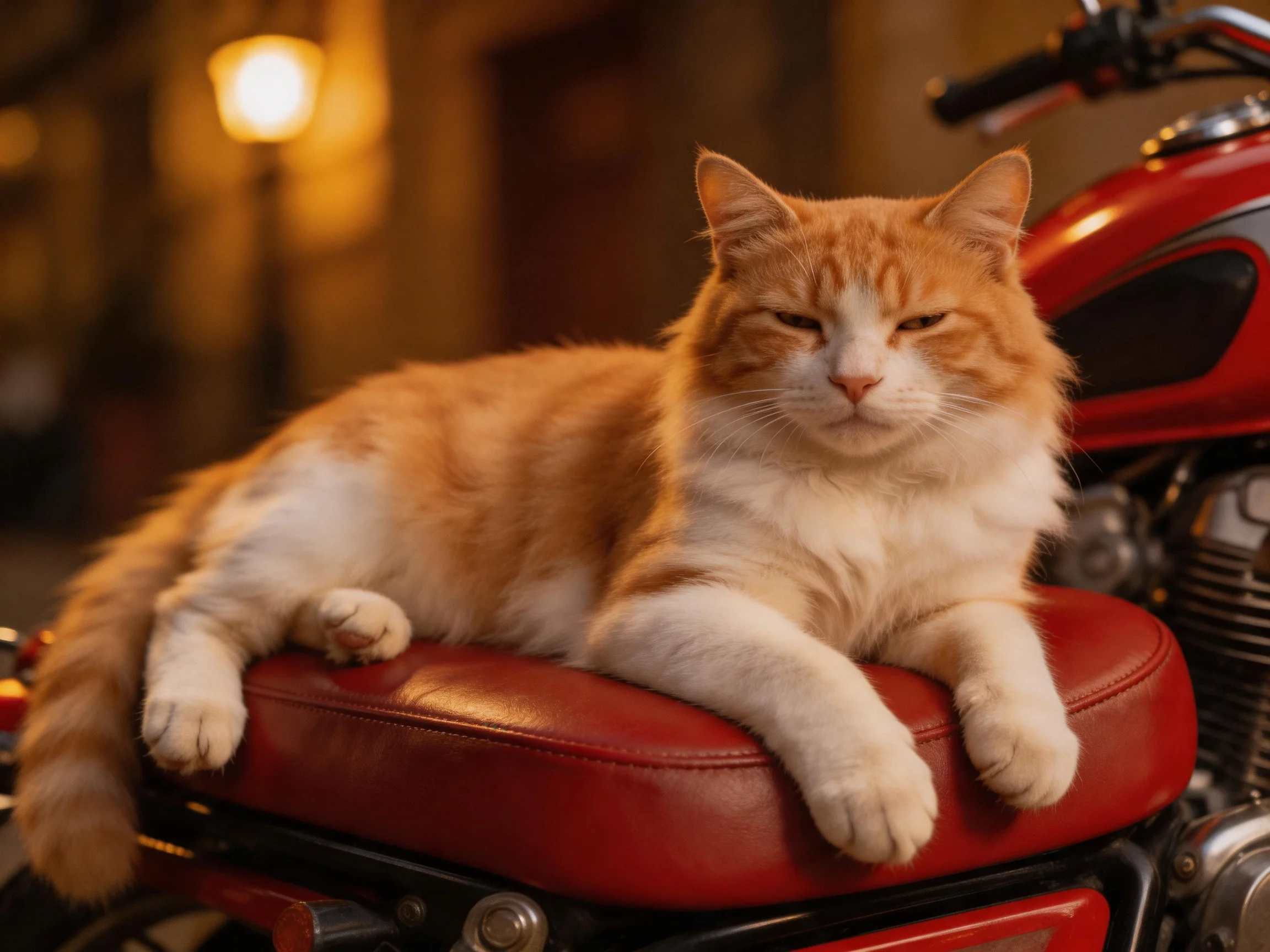 An orange and white cat relaxes on a red motorcycle seat in a softly lit area.