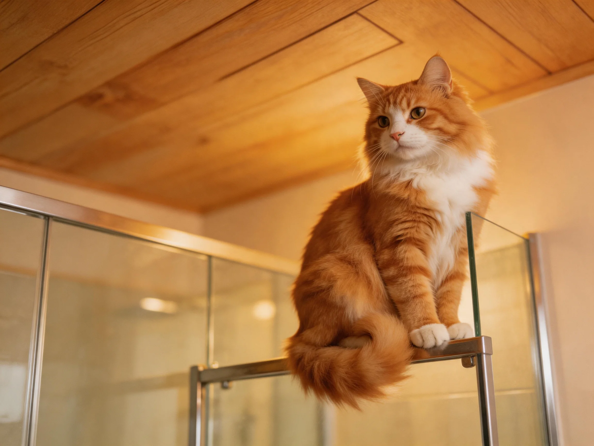 An orange and white cat sits calmly on a glass shelf indoors