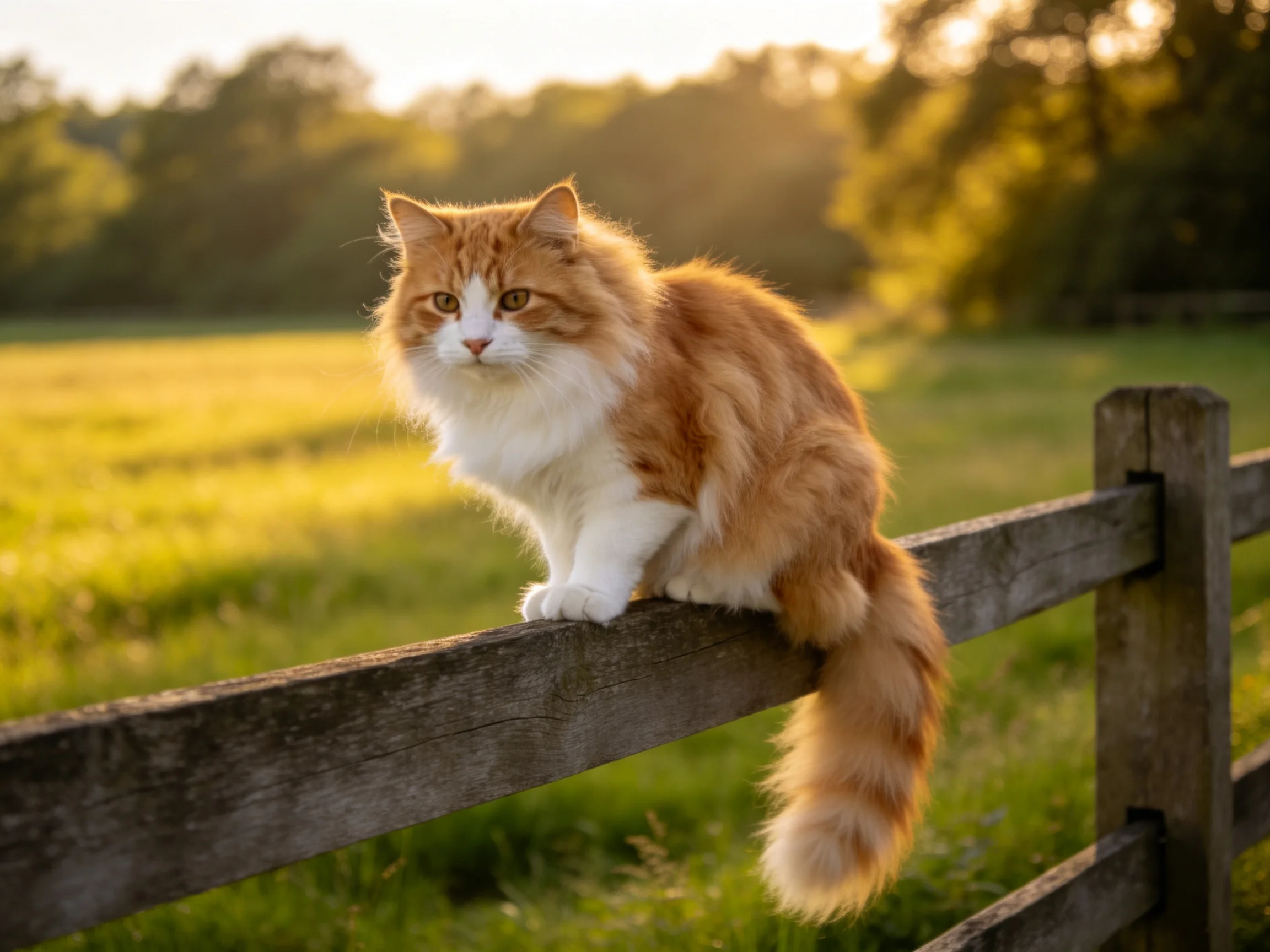 An orange-and-white cat sits atop a wooden fence in a sunlit rural area.