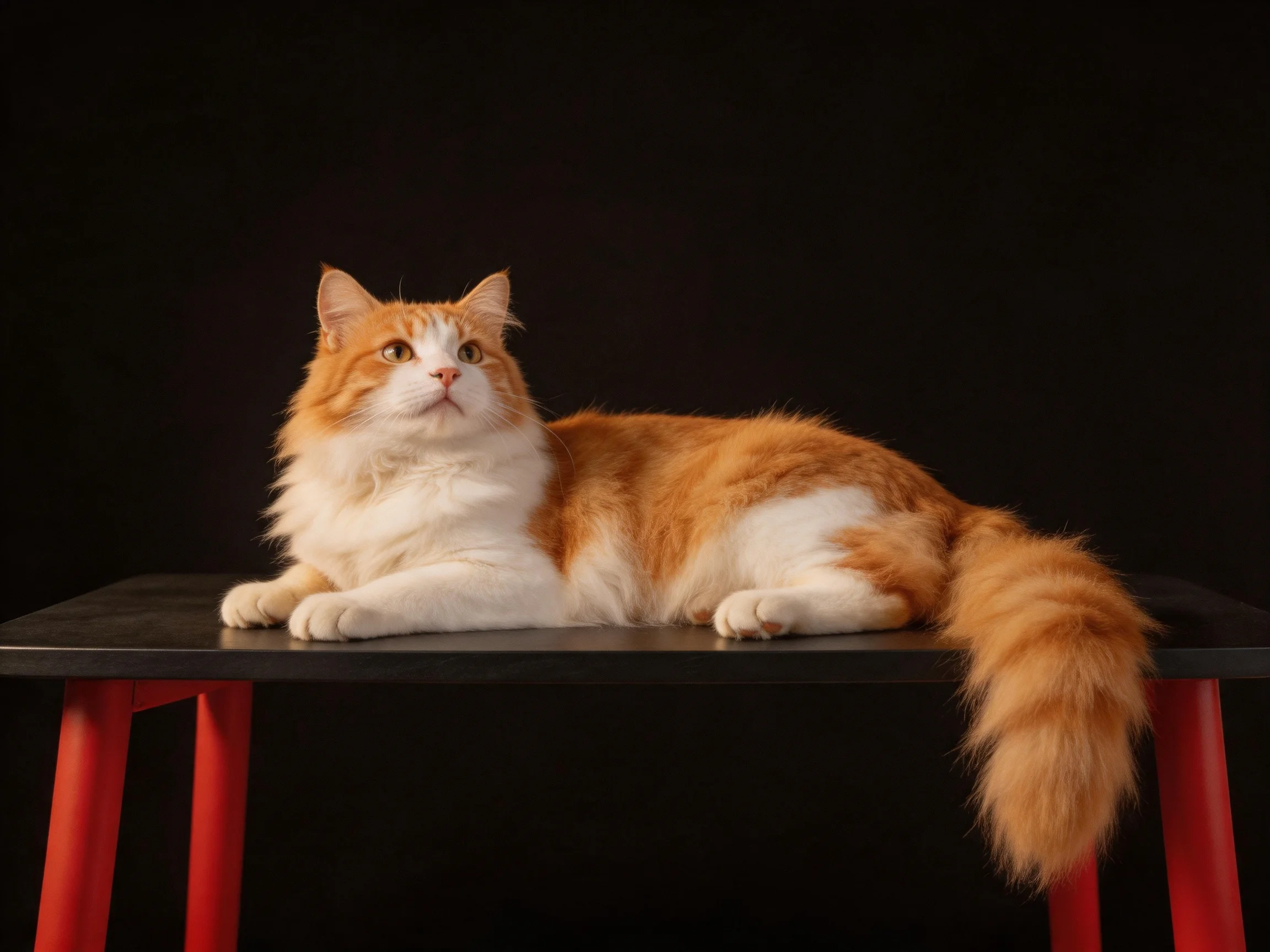 A fluffy orange and white cat relaxes on a black table against a dark backdrop