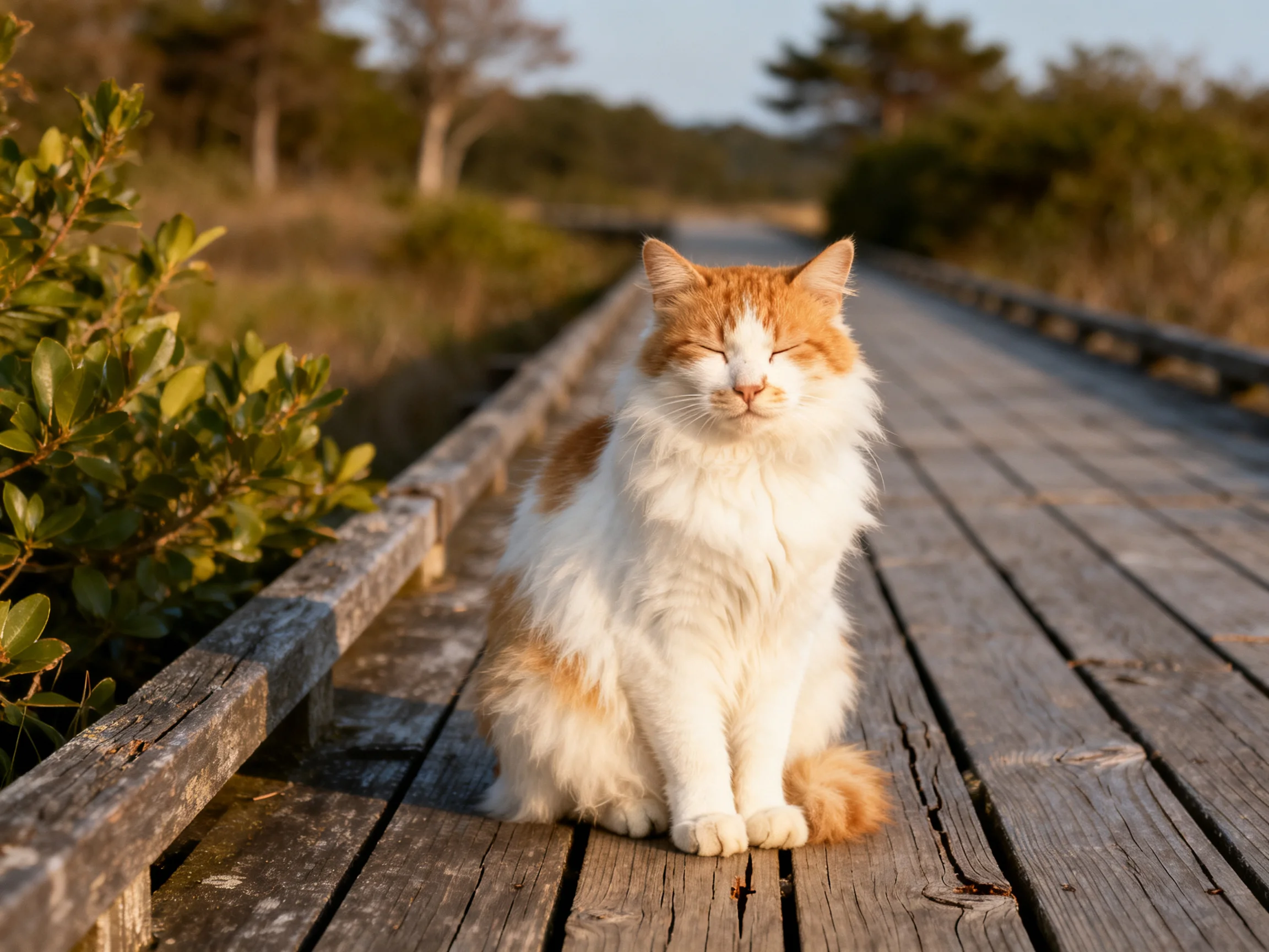 A fluffy orange and white cat relaxes on a weathered wooden boardwalk in a natural setting.